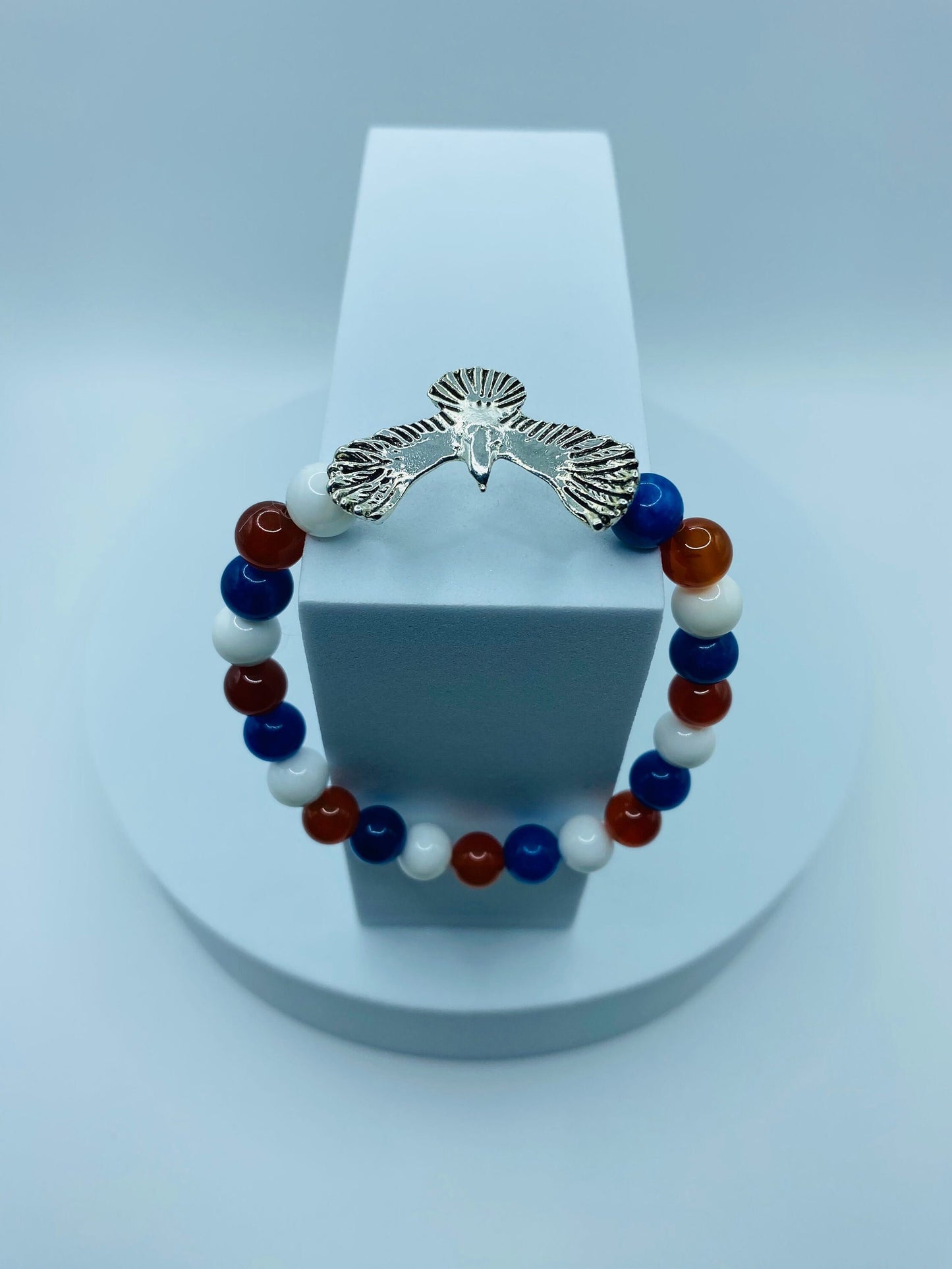 Eagle Charm Bracelet: Red, White & Blue Gemstone Beaded Patriotic Jewelry
