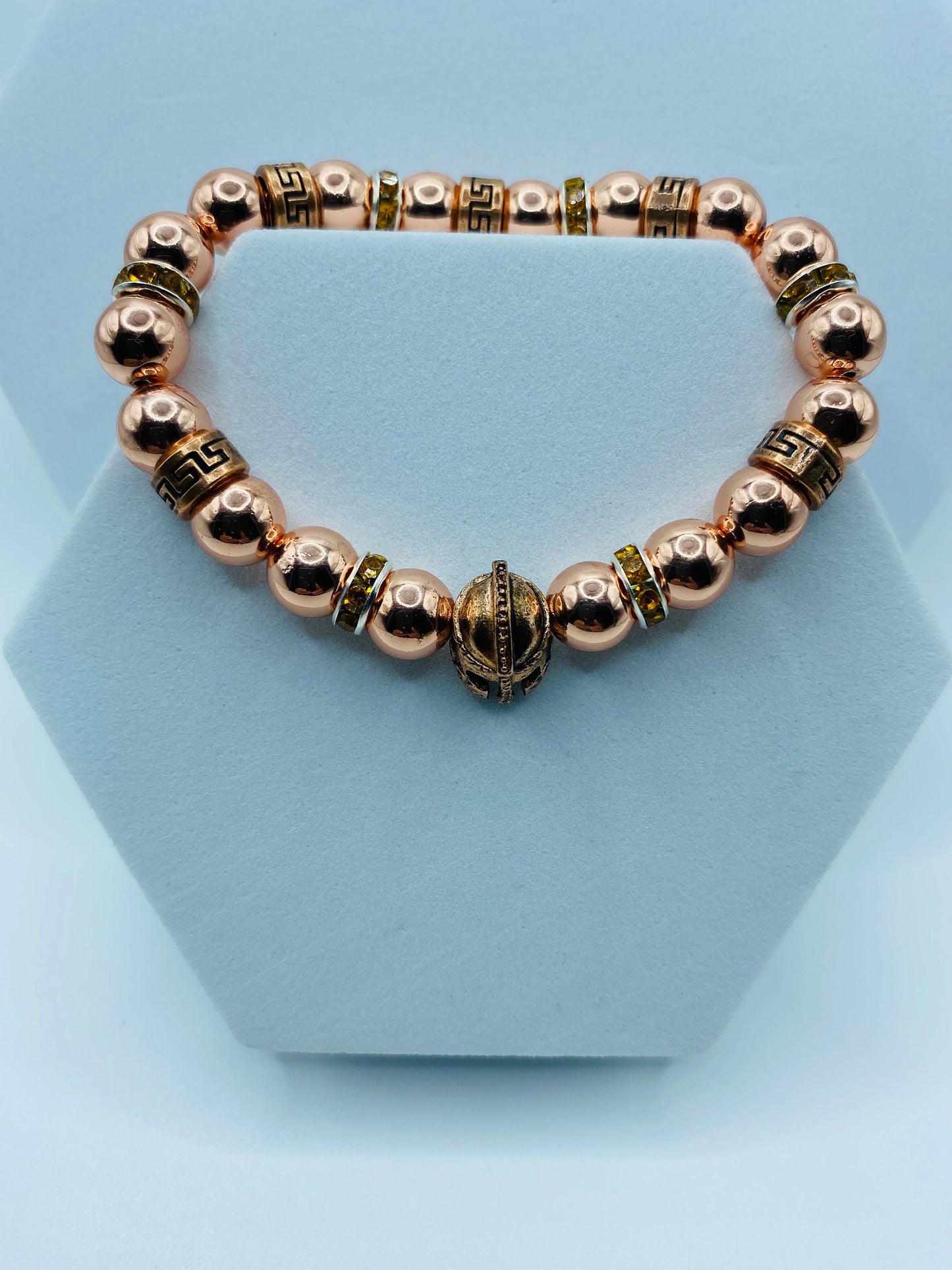 Rose Gold Spartan Helmet Bracelet: Hematite Gemstone Beaded Warrior Jewelry