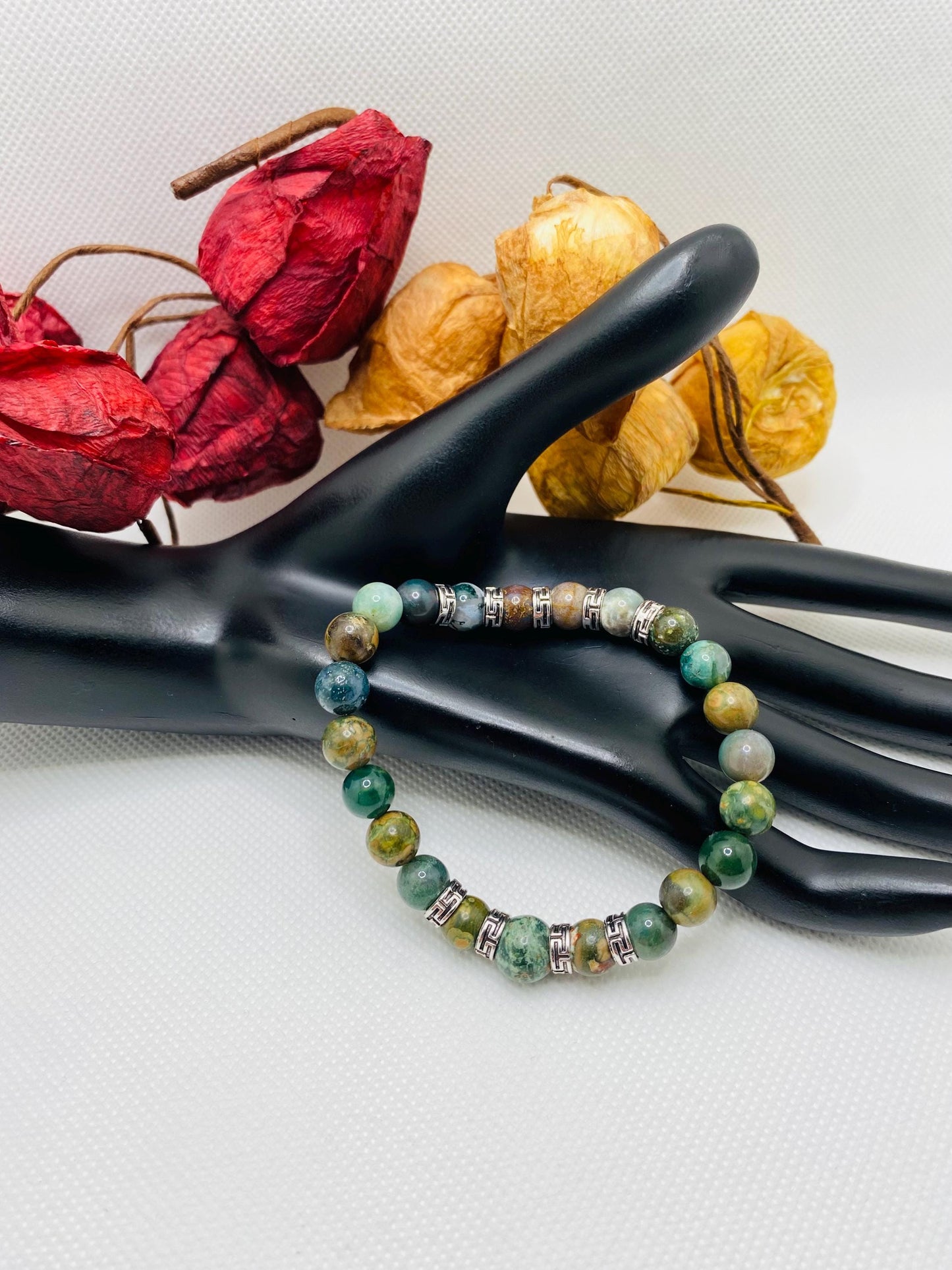 Handmade Indian Moss Agate Bracelet: Tibetan Silver Spacers