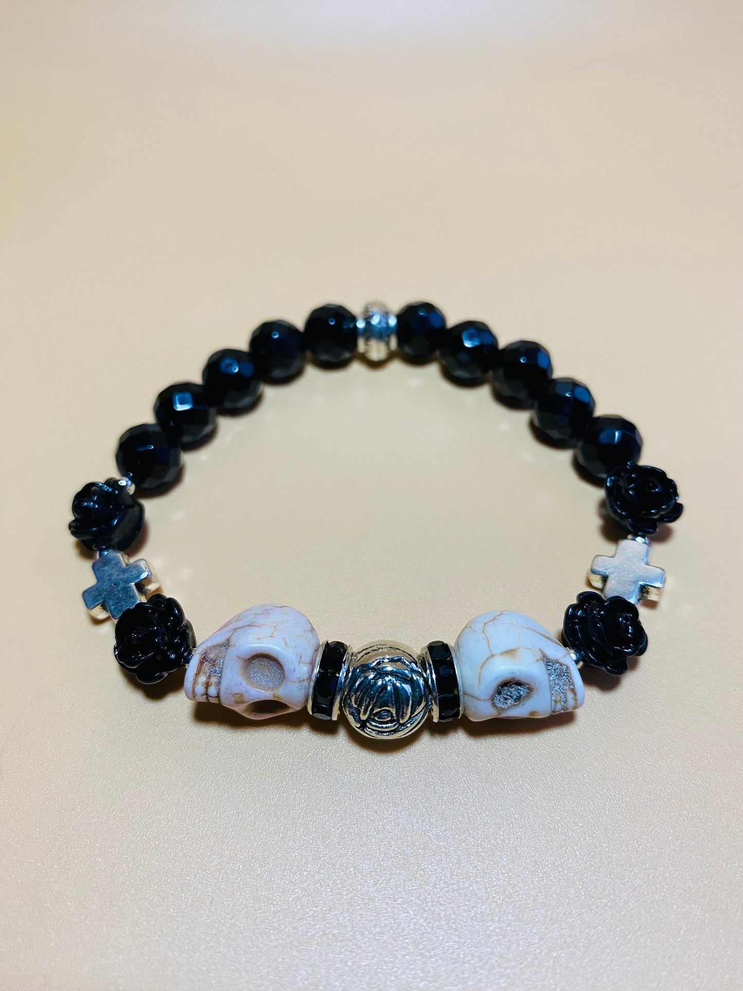 Day of the Dead Black Onyx Bracelet with Skull Beads - Silver Cross Bracelet - Gift for Her - Gift for Him