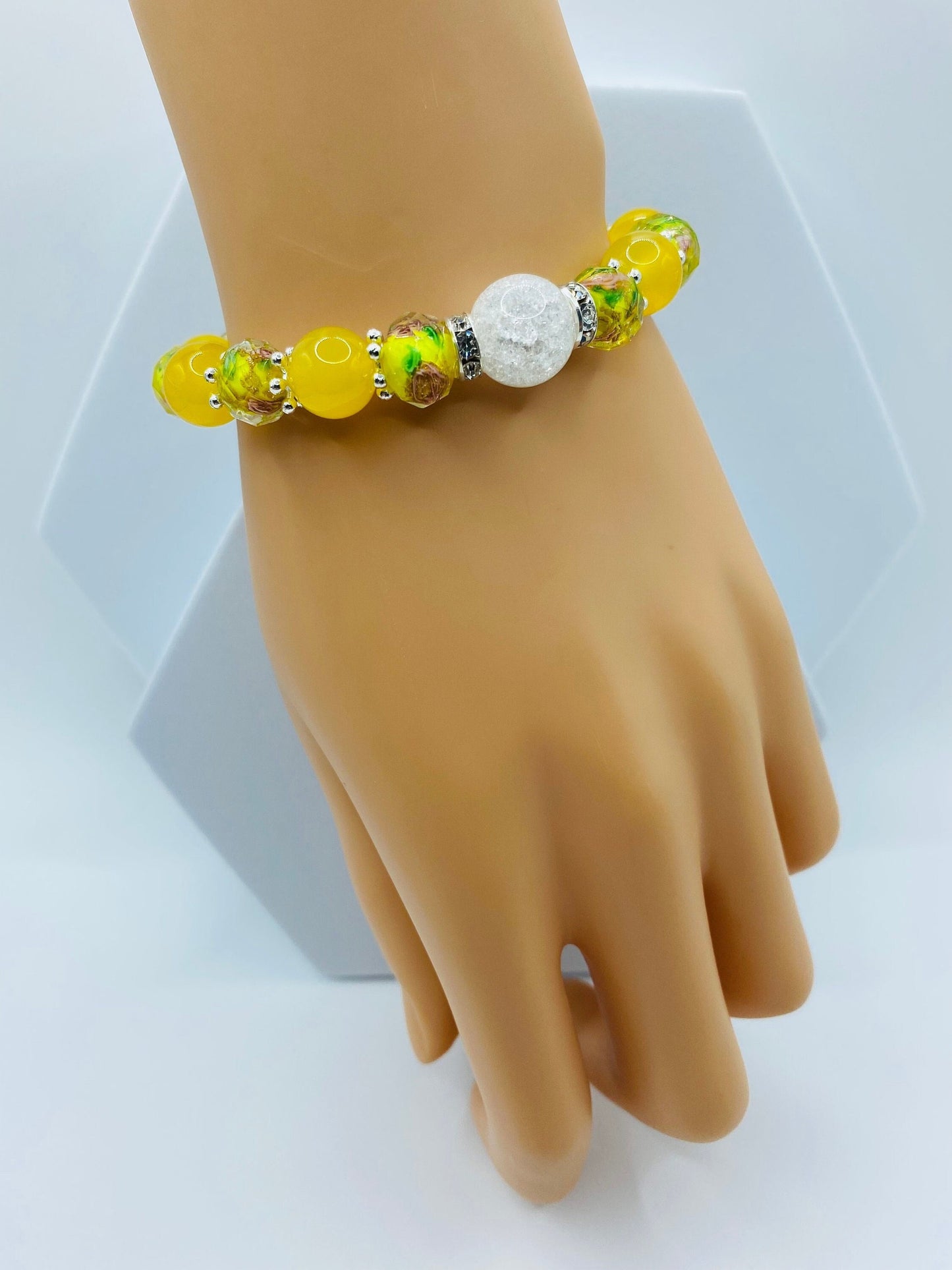 Summer Jewelry for Women with Yellow Agate & Lampwork Glass Beads, Quartz Crystal Bracelet