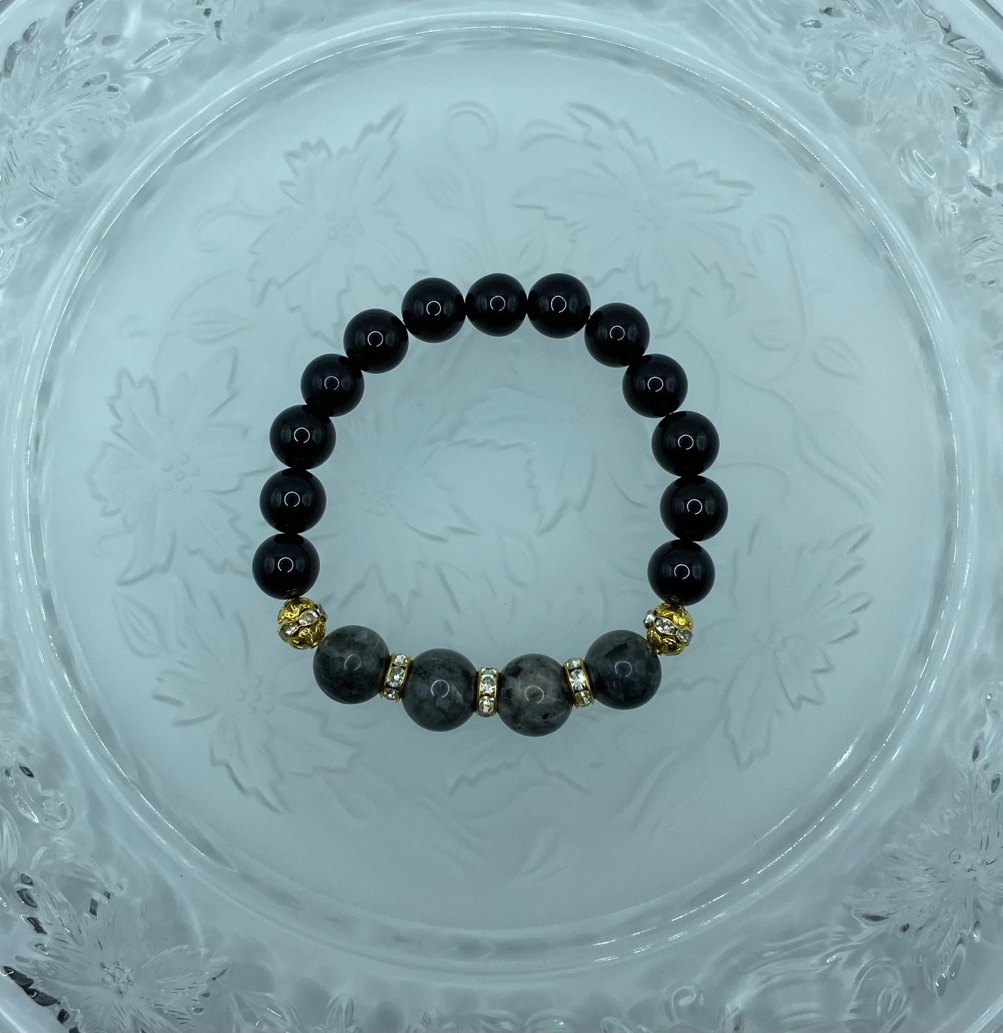 Labradorite & Black Onyx Beaded Bracelet: 18k Gold Rhinestone Rondelles