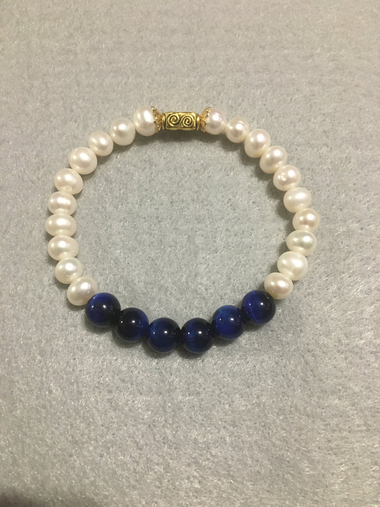 Handmade Pearl Bracelet: Blue Tiger's Eye Gemstone, 18k Gold Accents