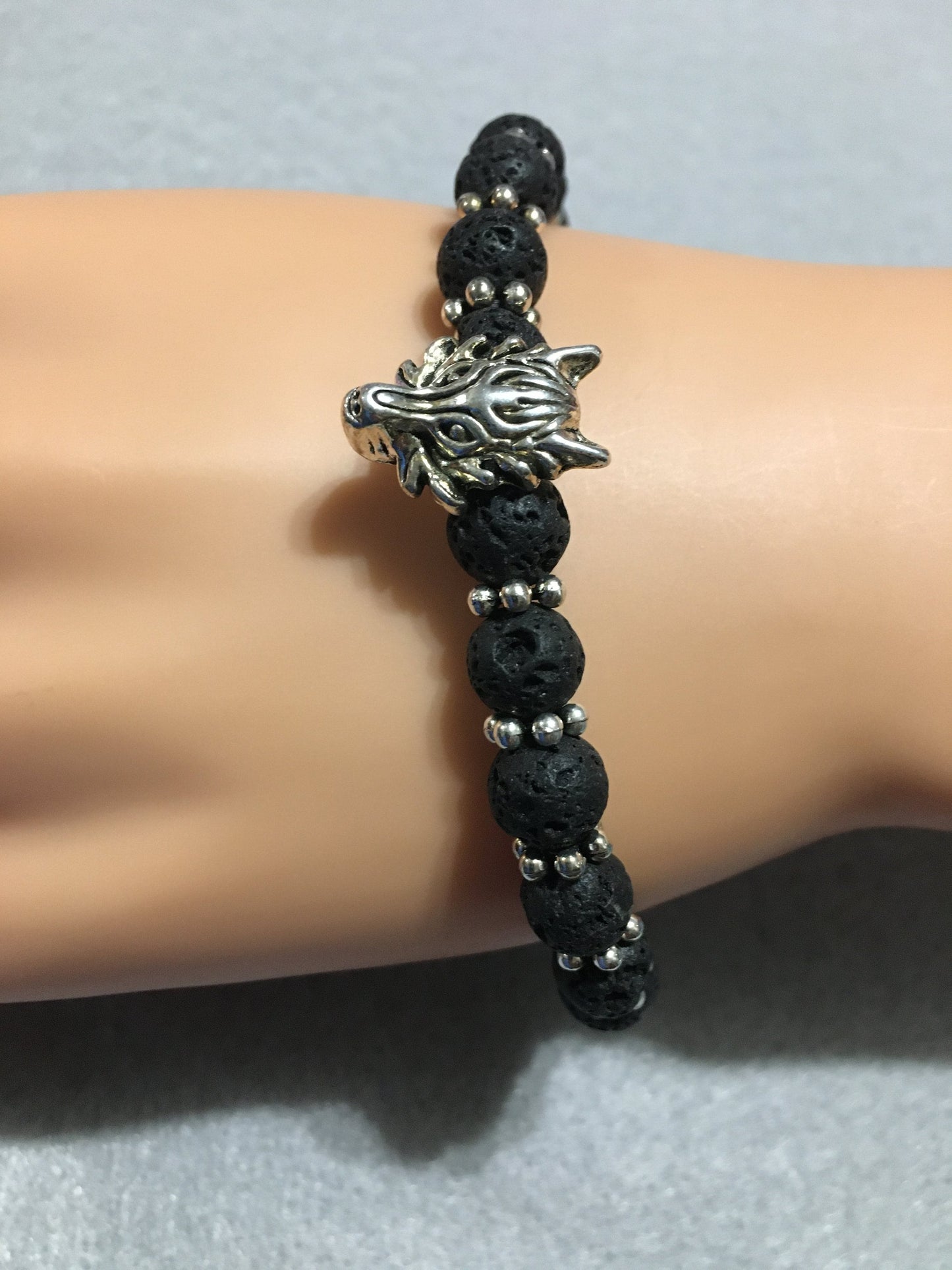 Silver Wolf Lava Rock Bracelet: Goth Men's Jewelry