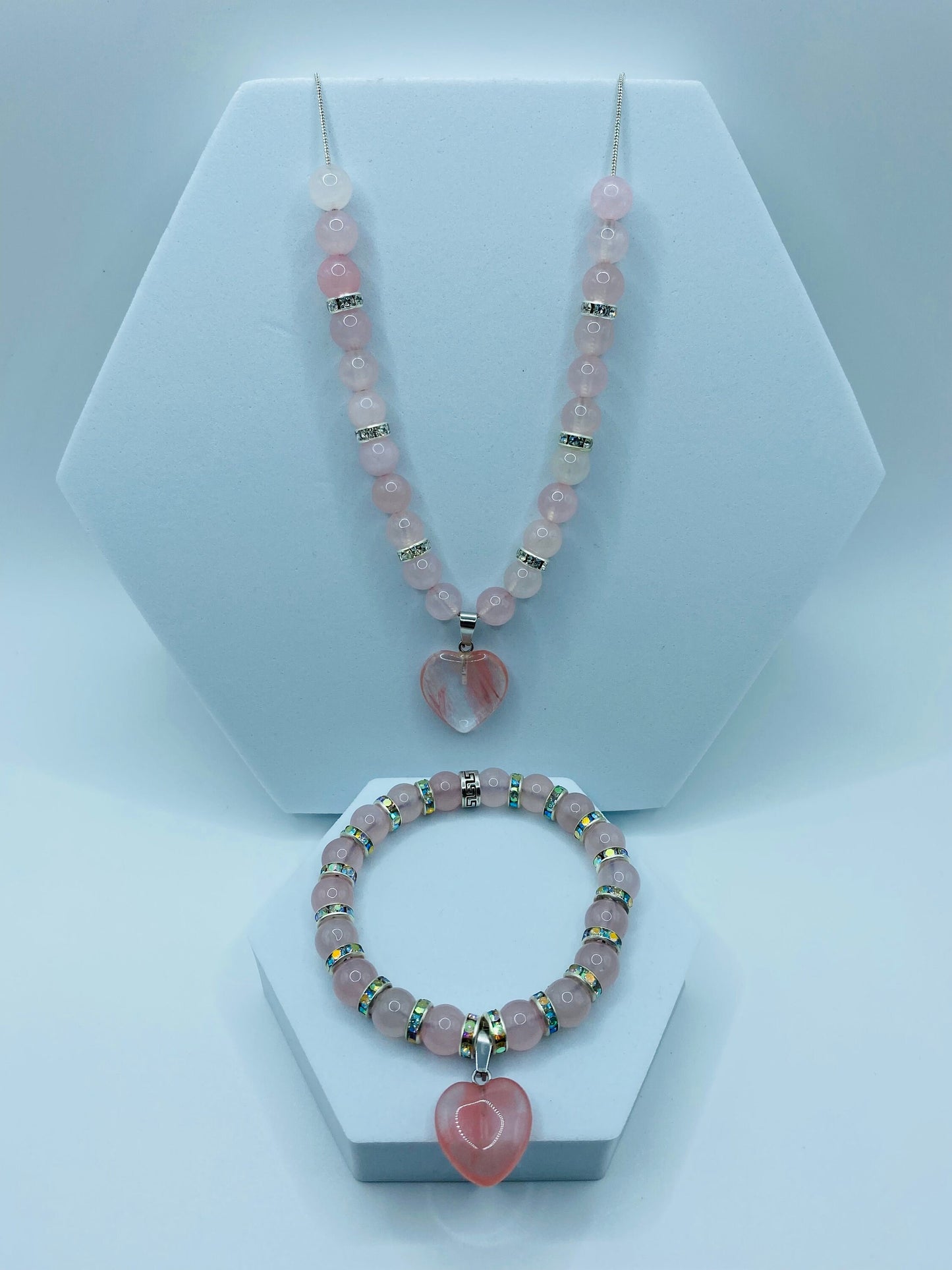 Rose Quartz Necklace Bracelet Set: Pink Aventurine Heart Charm, Rhinestone Rondelles