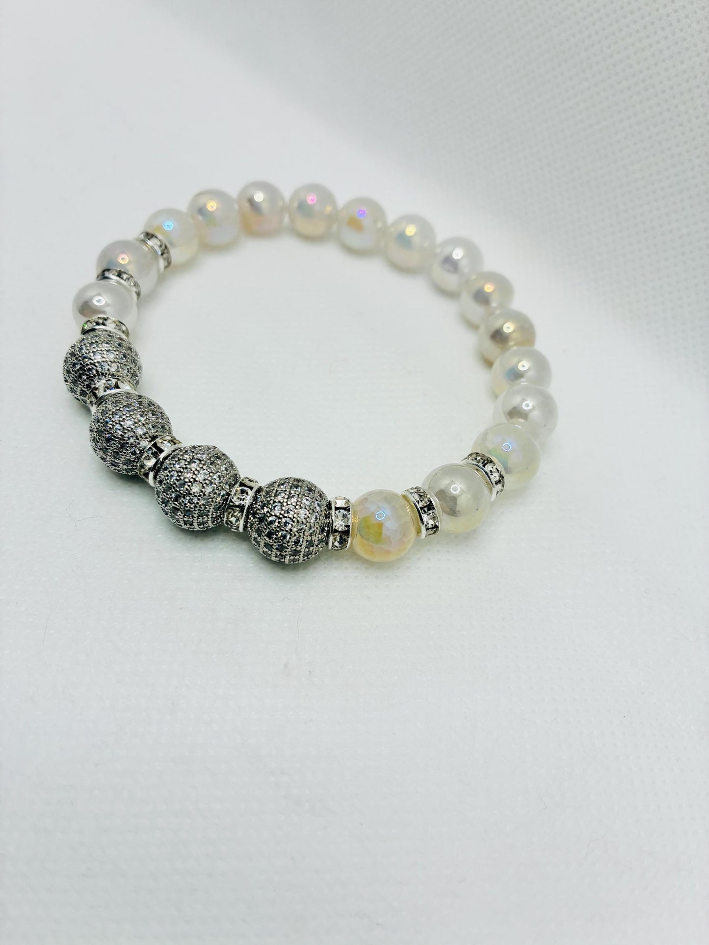 Brass Rhinestone & Zircon Beads White Gold and Snow Quartz Gemstone Bracelet: Silver Plated Rondelles