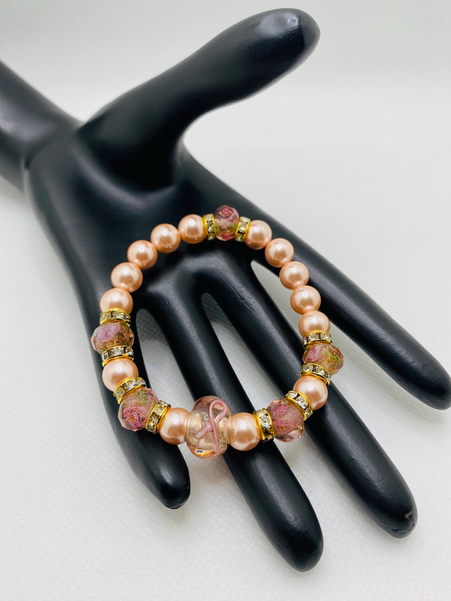 Pink Lampwork Glass & Mother of Pearl Bracelet: Rhinestone Rondelles