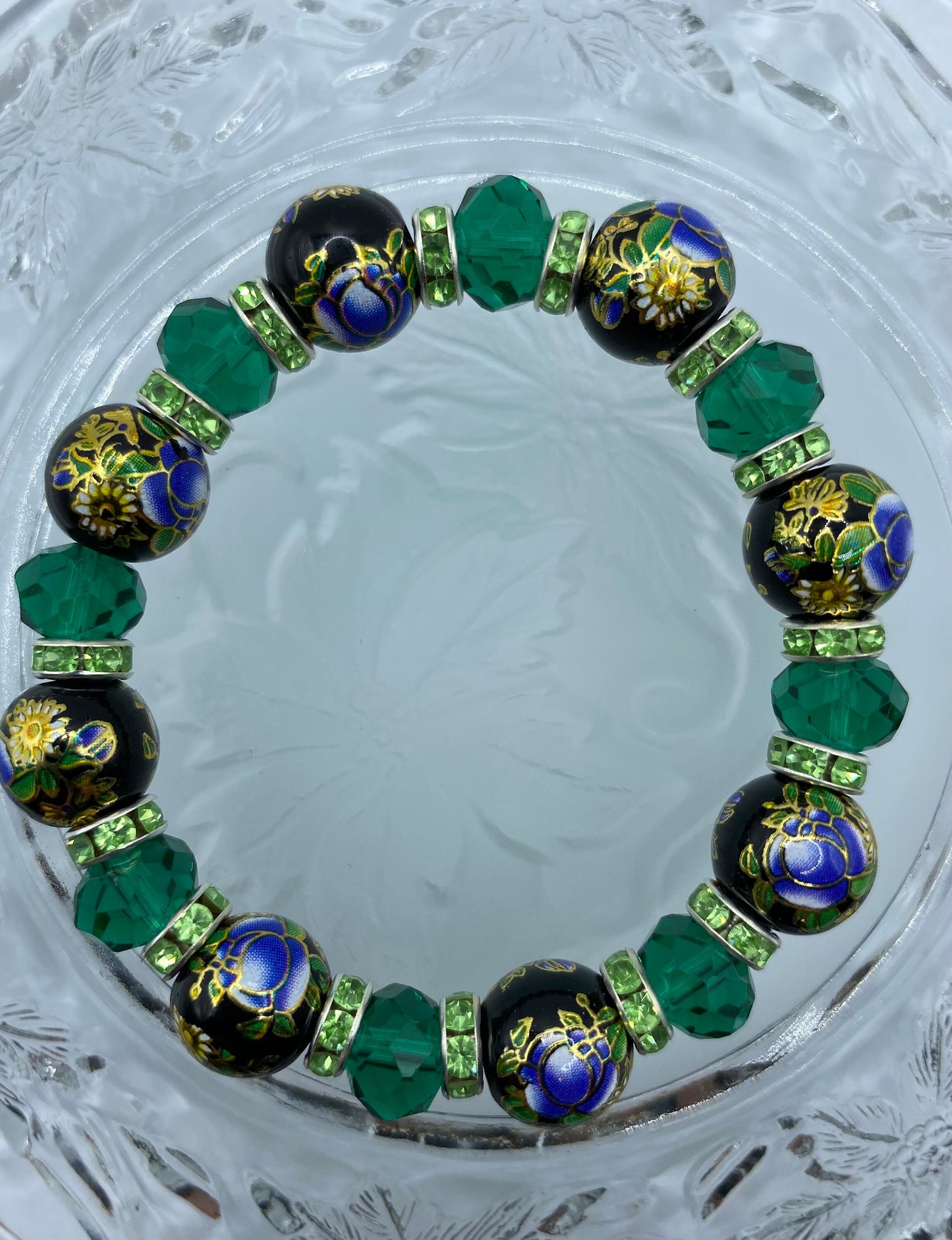 Floral Lampwork Glass Bead Bracelet: Emerald Green Crystal Rhinestone Rondelles