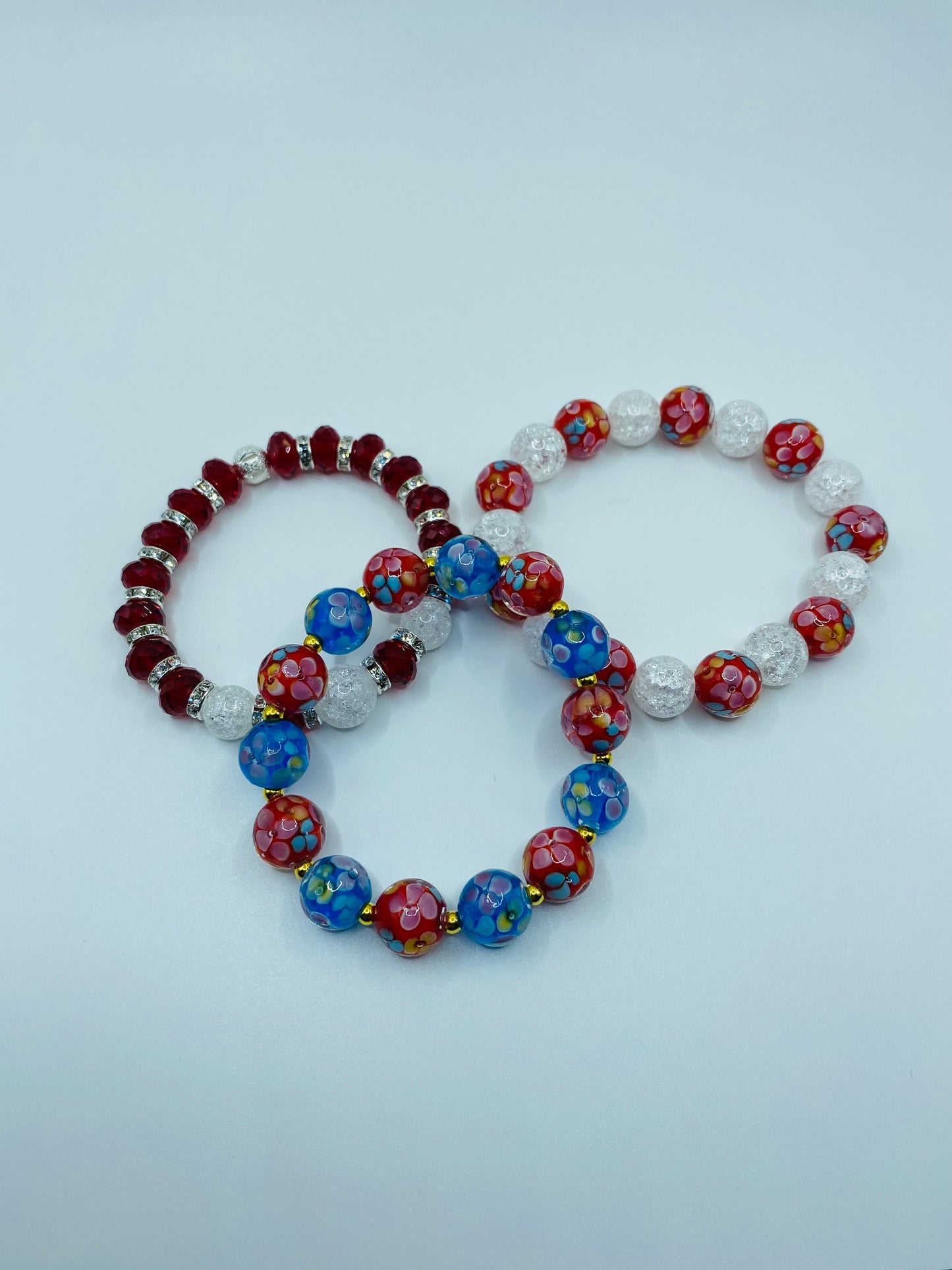 Floral Lampwork Glass Bead Bracelet: Red & Blue Murano Style