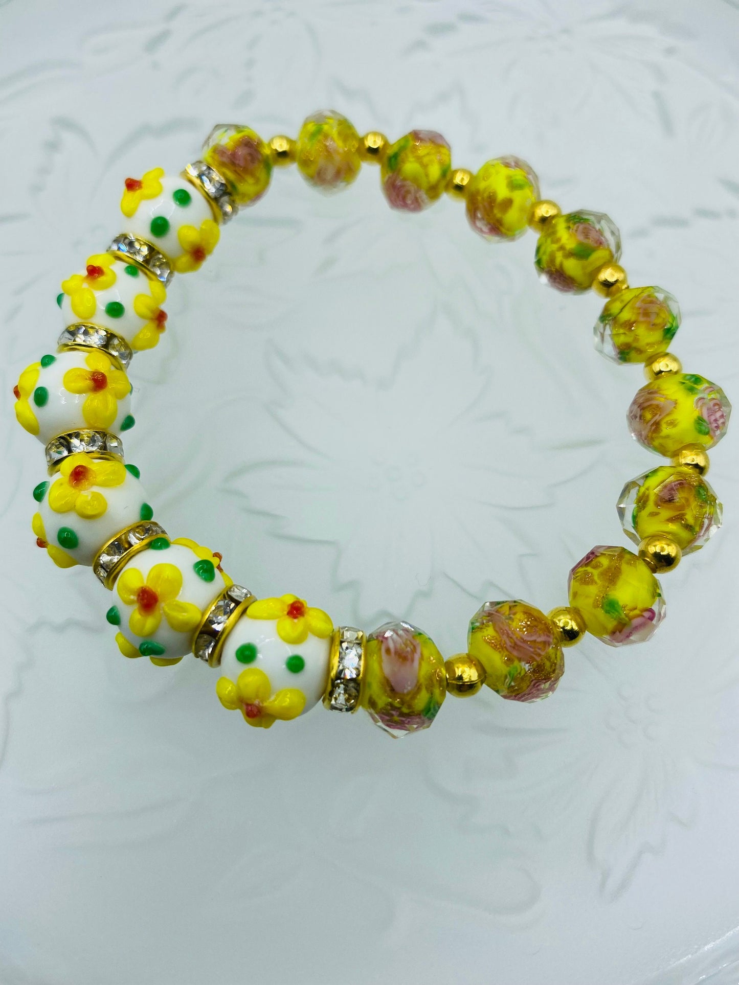 Yellow Flower Lampwork Glass Bead Bracelet: Rhinestone Rondelles