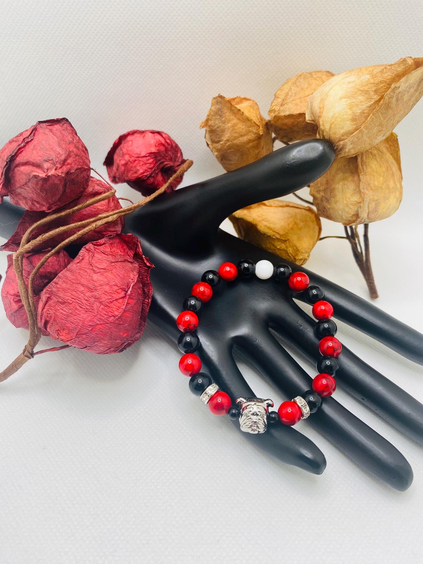 Georgia Bulldogs Gemstone Bracelet: Red Turquoise & Black Onyx, Dog Lover Gift