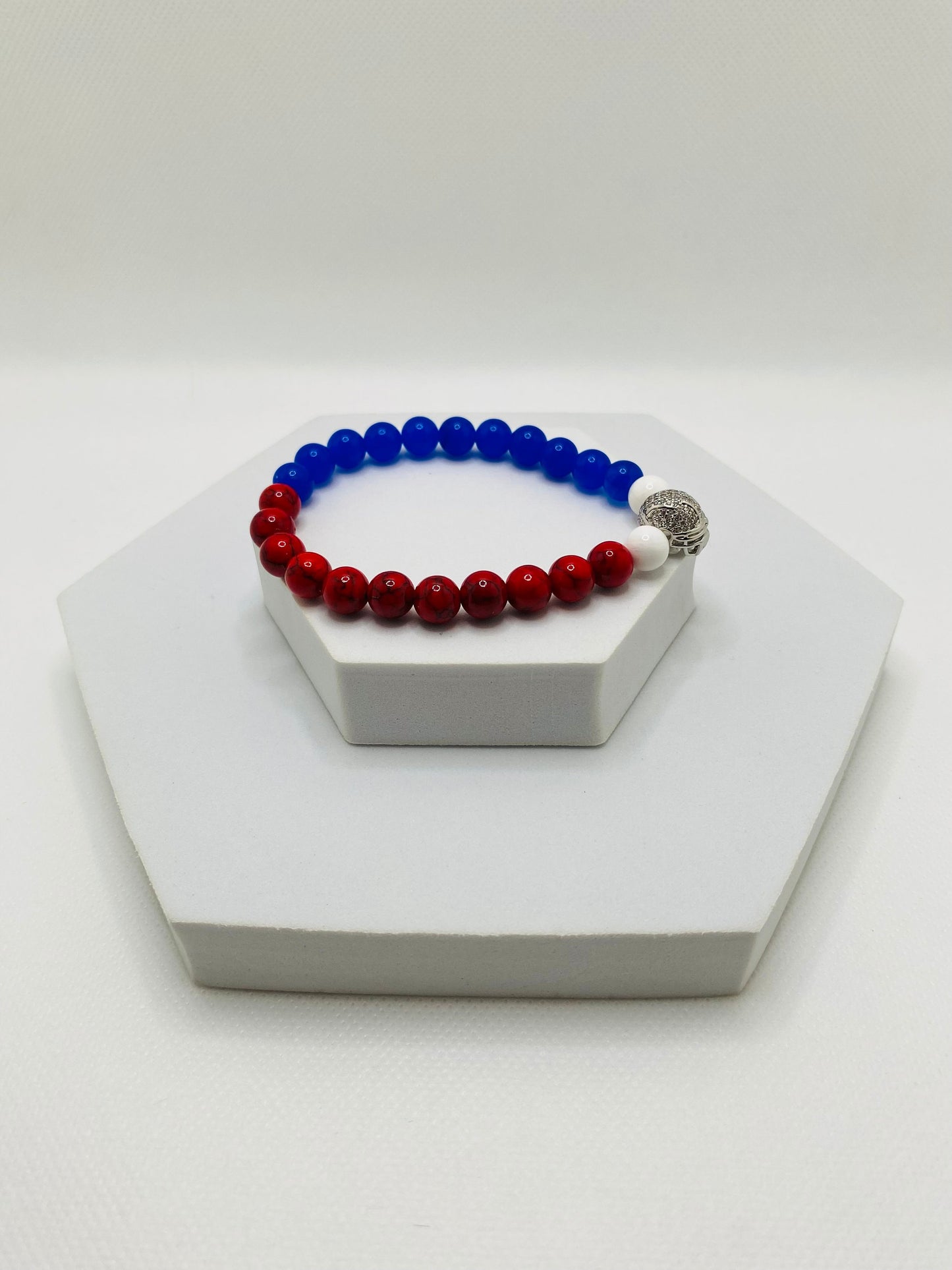 Buffalo Bills Beaded Bracelet: Red Turquoise, Blue Chalcedony, Football Helmet Charm