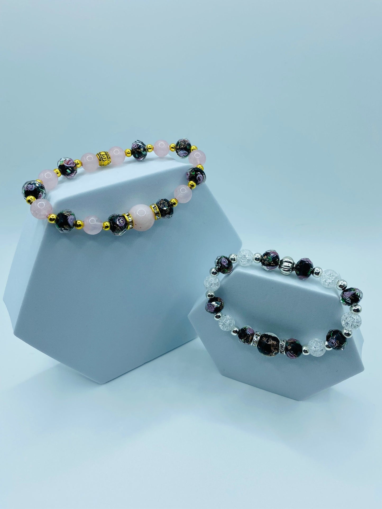 Lampwork Flower Glass Bead Bracelet: Crystal Quartz & Hematite Gemstone
