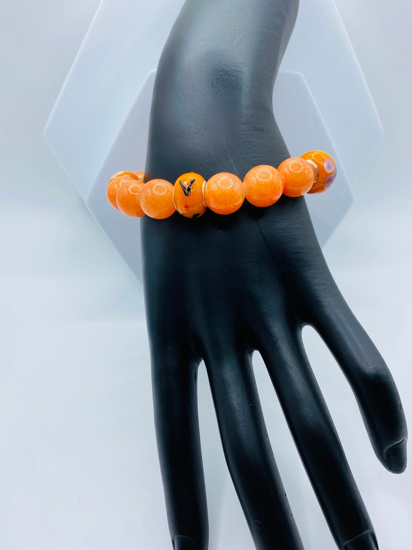 Handmade Orange Jade Bracelet: Murano Glass Bead Chunky Jewelry