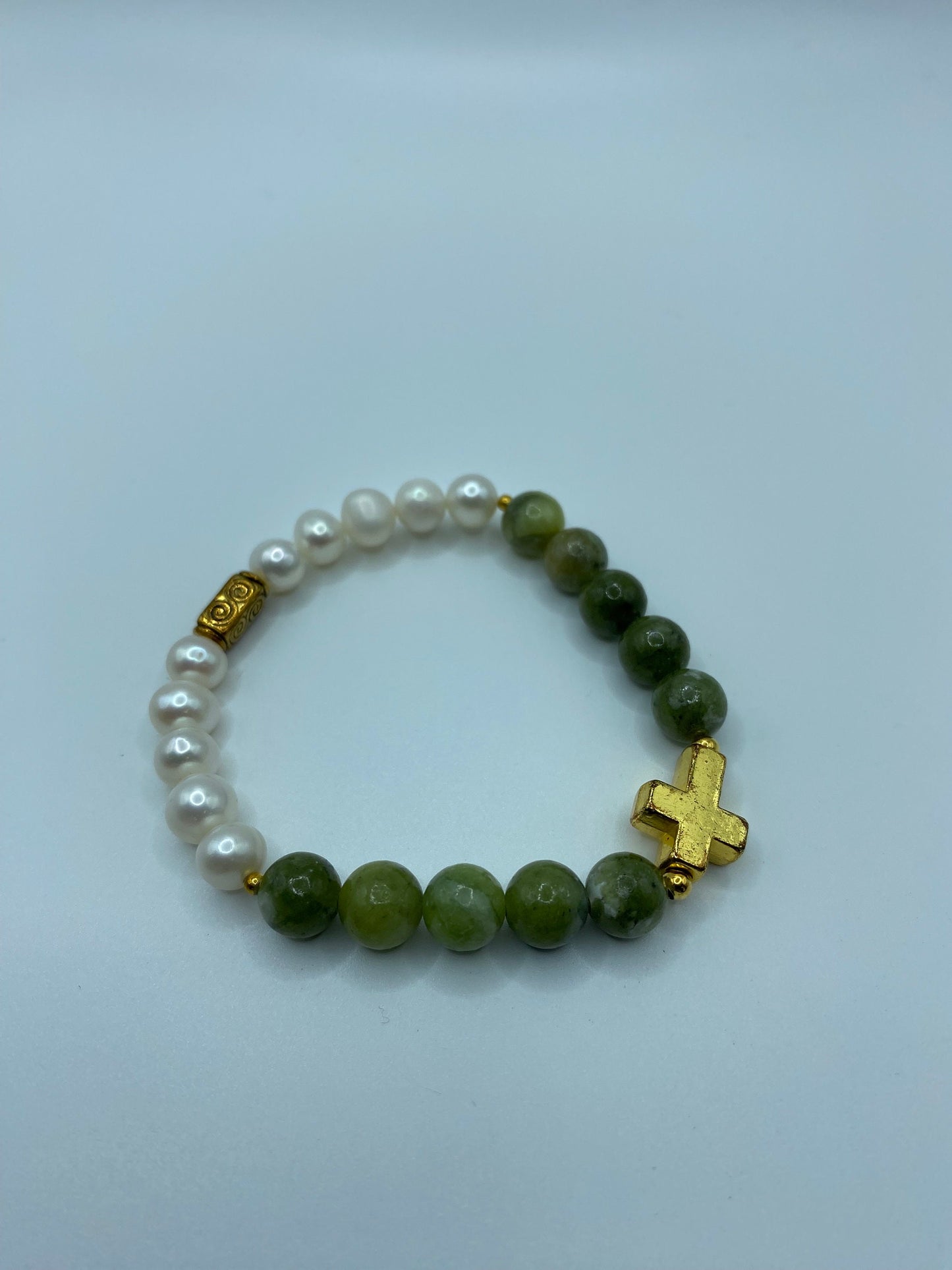 Jade & Pearl Bracelet: Gold Cross Charm, Gemstone Beaded Jewelry