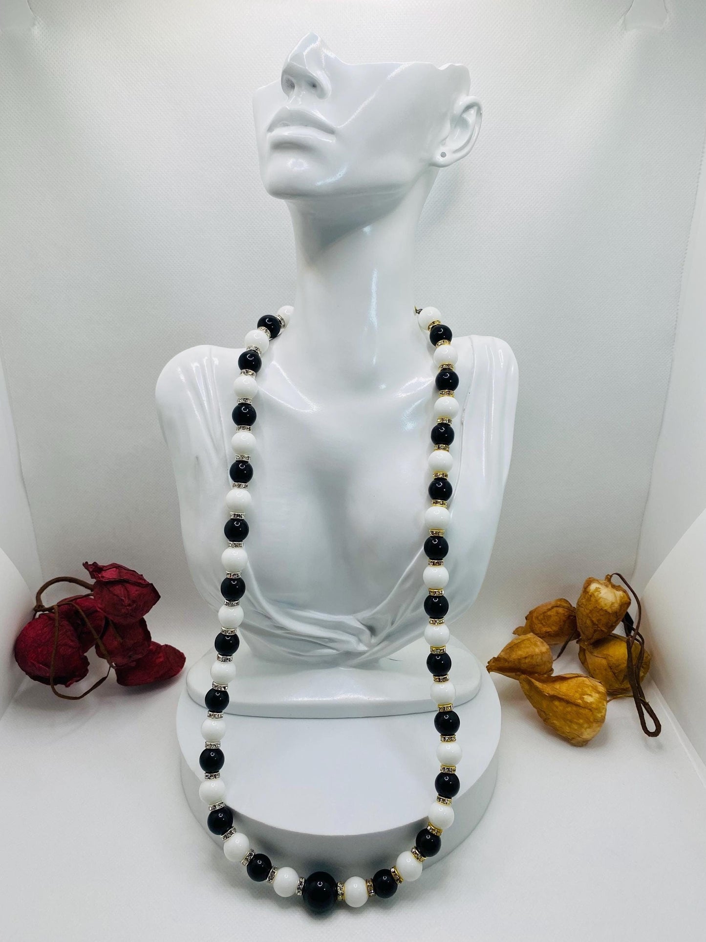 Handmade Onyx Gemstone Necklace: Black & White Beaded Jewelry