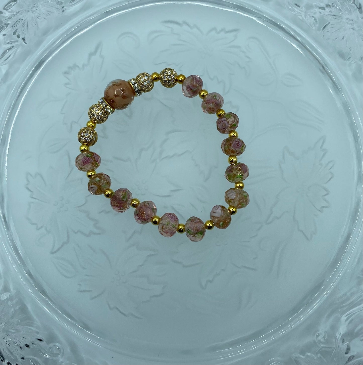 Gold Plated Hematite Bracelet: Pink Lampwork Murano Glass Floral Beads