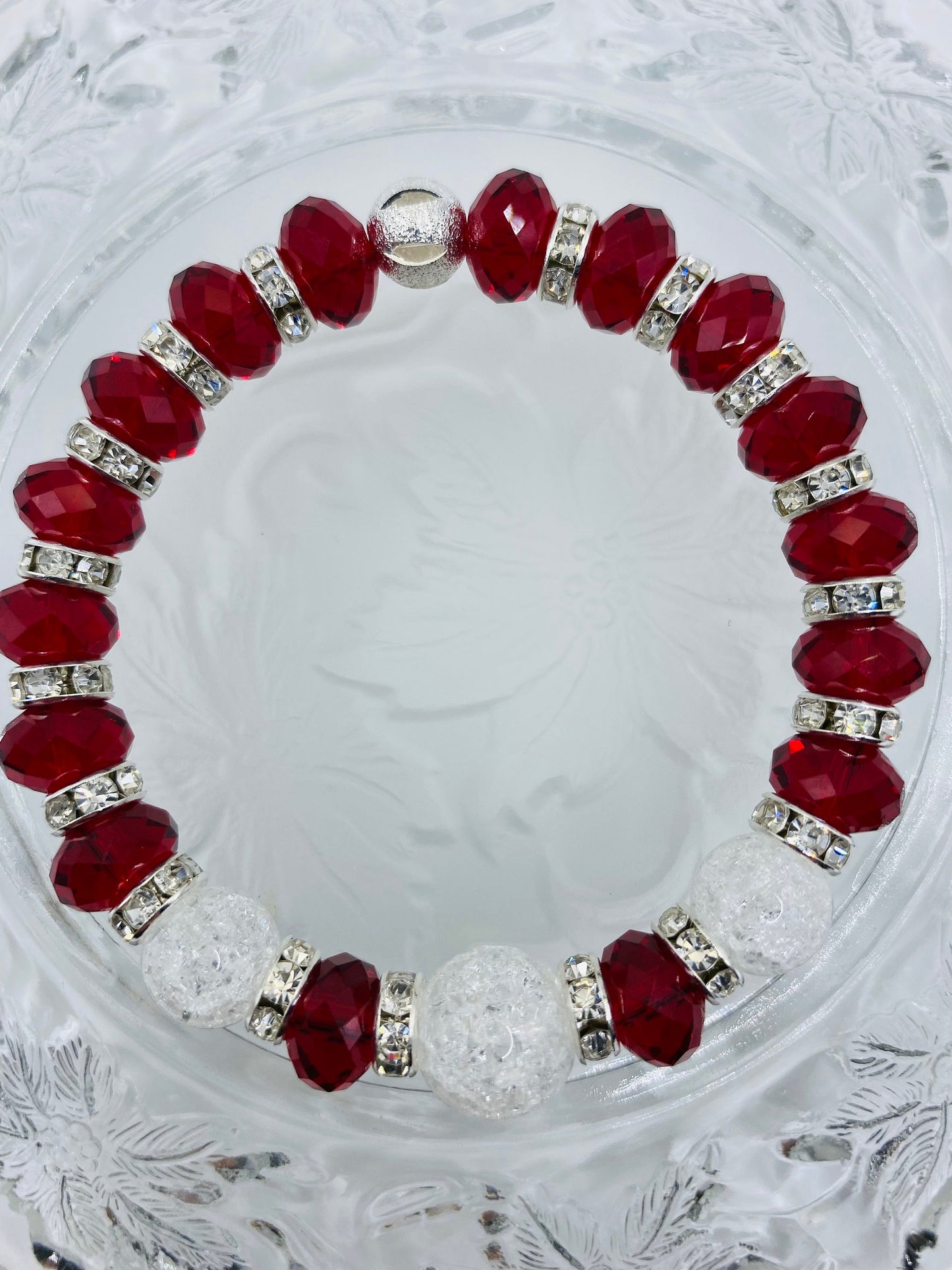 Red Crystal Glass Bracelet: Crackle Quartz Gemstone, Rhinestone Rondelles