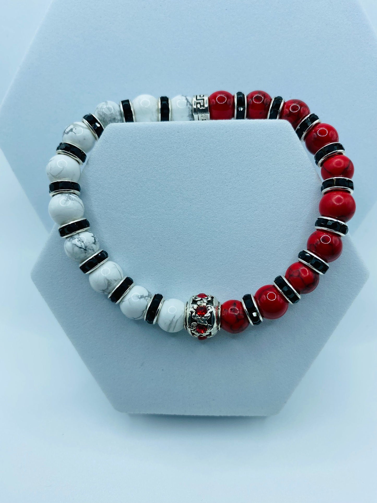 Red Turquoise & Howlite Beaded Bracelet: Silver Rhinestone Charm
