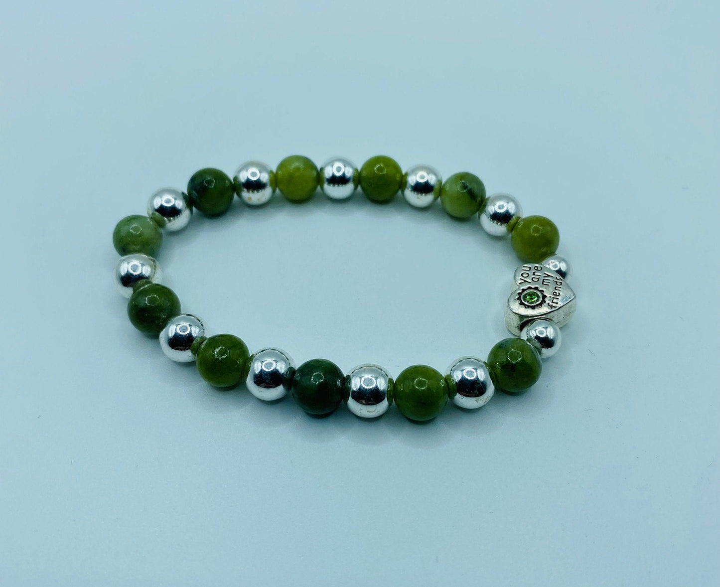Friendship Bracelet with Green Jade & Hematite Gemstone Beads, Heart Jewelry Gifts for Friends