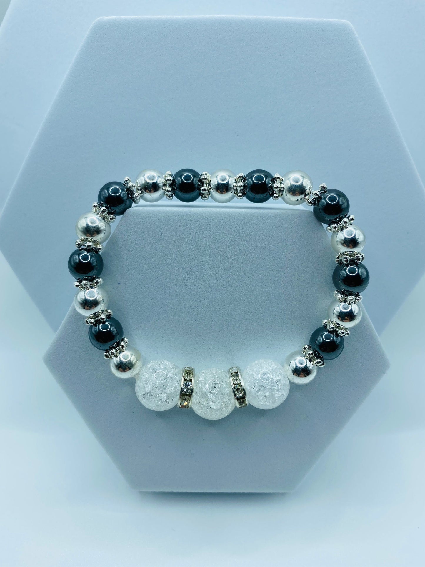 Quartz Crystal Bracelet with Silver & Black Hematite Gemstone Beads - Bracelets for women - Mens Bracelet