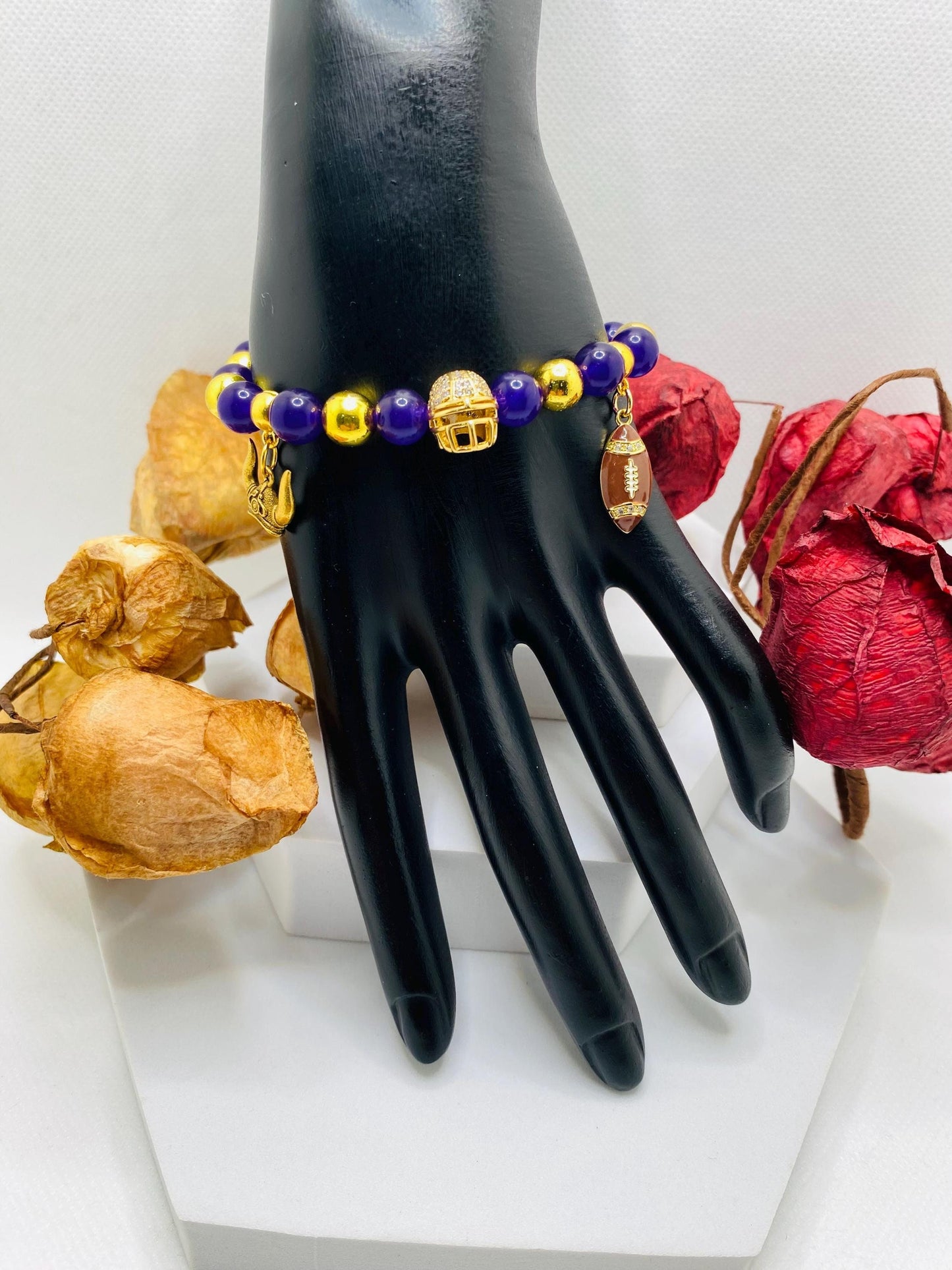 Minnesota Vikings Charm Bracelet: Purple Amethyst & Gold Football Helmet