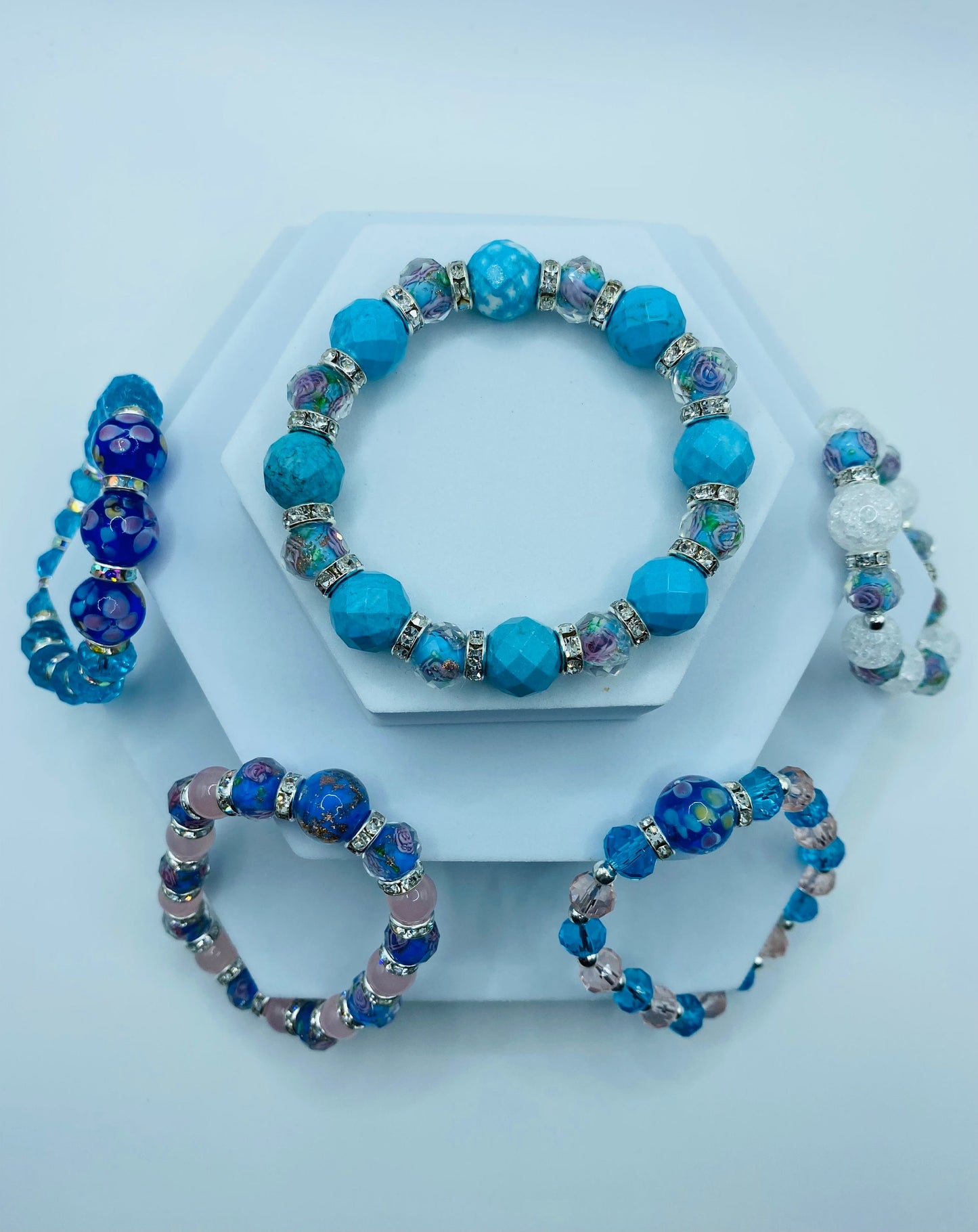 Turquoise Bracelet Custom Jewelry with Lampwork Flower Glass Beads - Mens Bracelet - Bracelets for Women