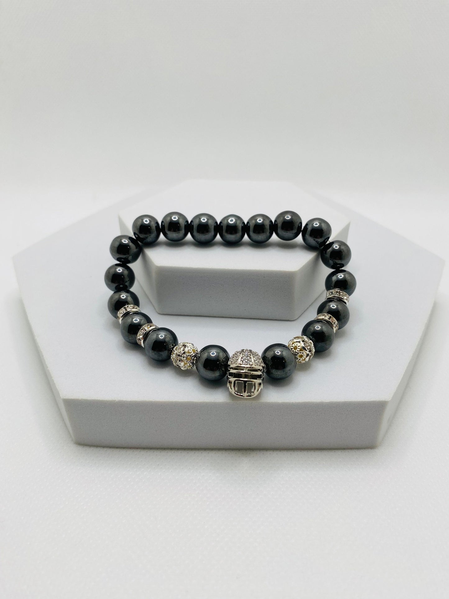 Las Vegas Raiders Hematite Bracelet: Silver Football Helmet, CZ Accents