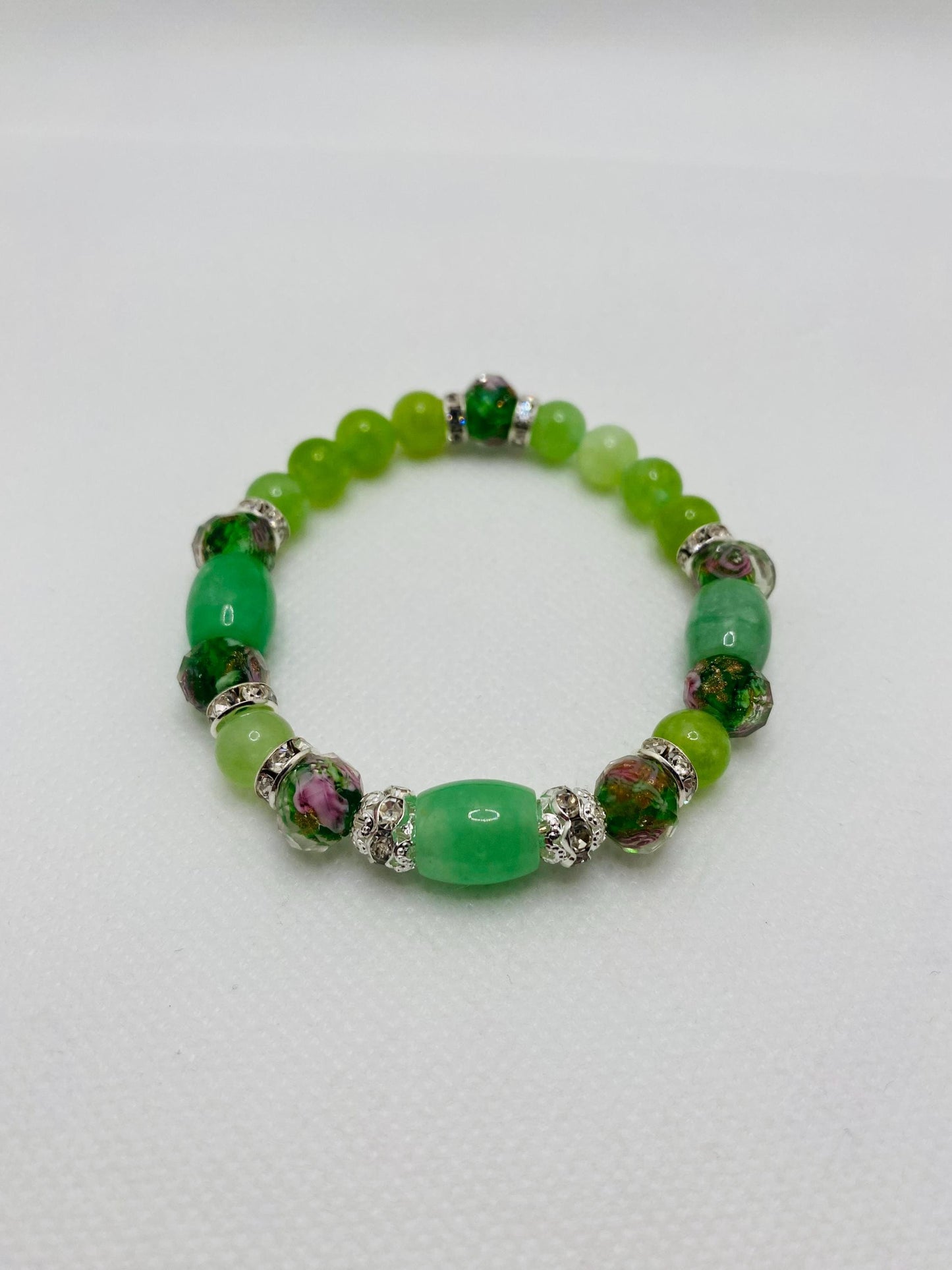 Peridot Bracelet: Green Lampwork Glass Beads, Silver Rhinestone Accents