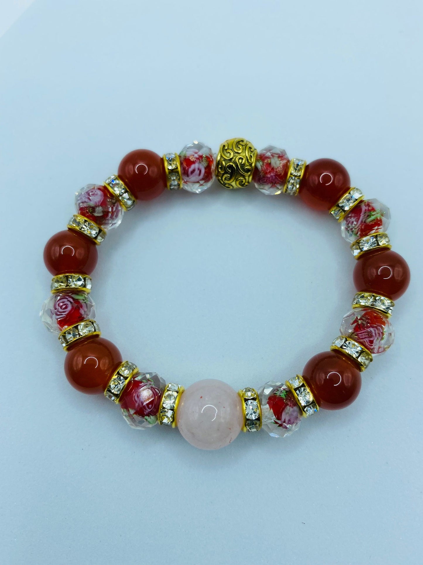Rose Quartz Bracelet: Red Carnelian, Lampwork Floral Glass Beads