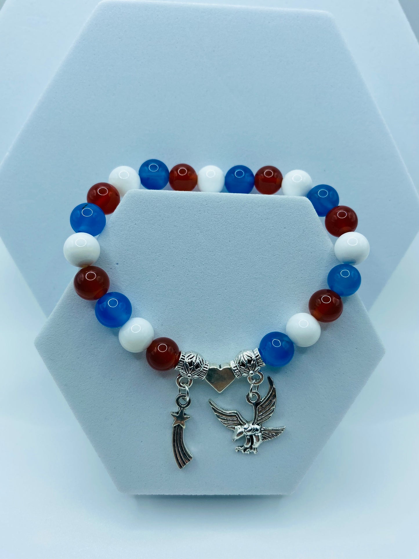 Red White Blue Gemstone Charm Bracelet: Eagle, Star, Heart