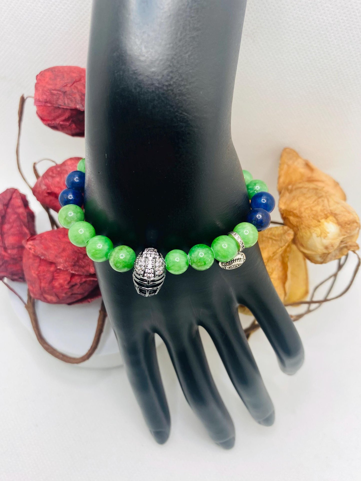 Seattle Seahawks Beaded Bracelet: Chalcedony, Lapis Lazuli, Football Charms