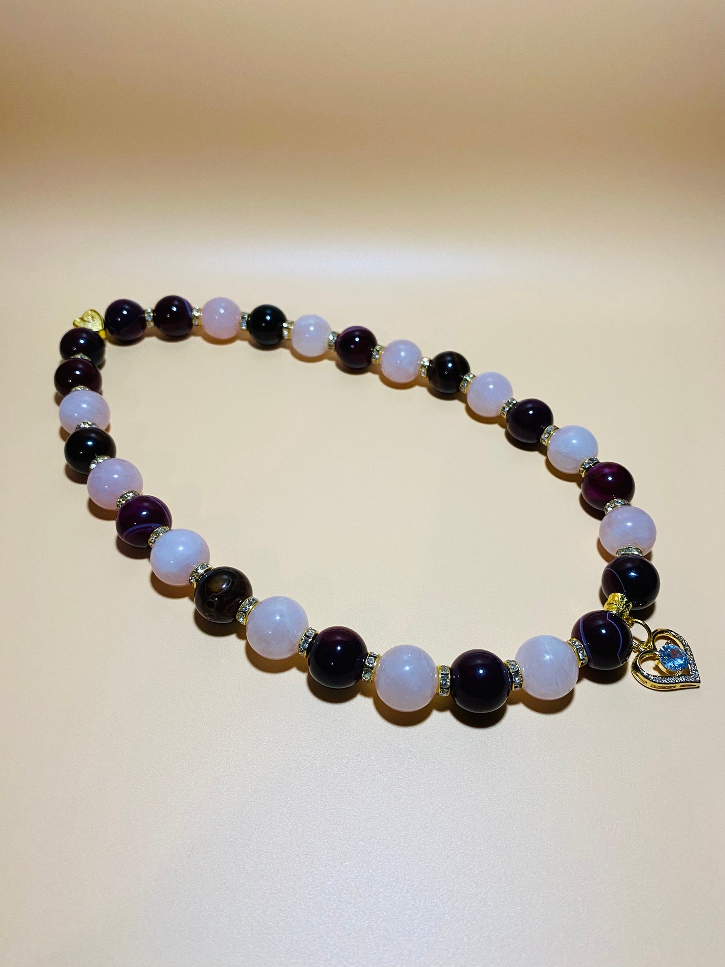 Handmade Rose Quartz Agate Beaded Necklace with Gold Heart Charm