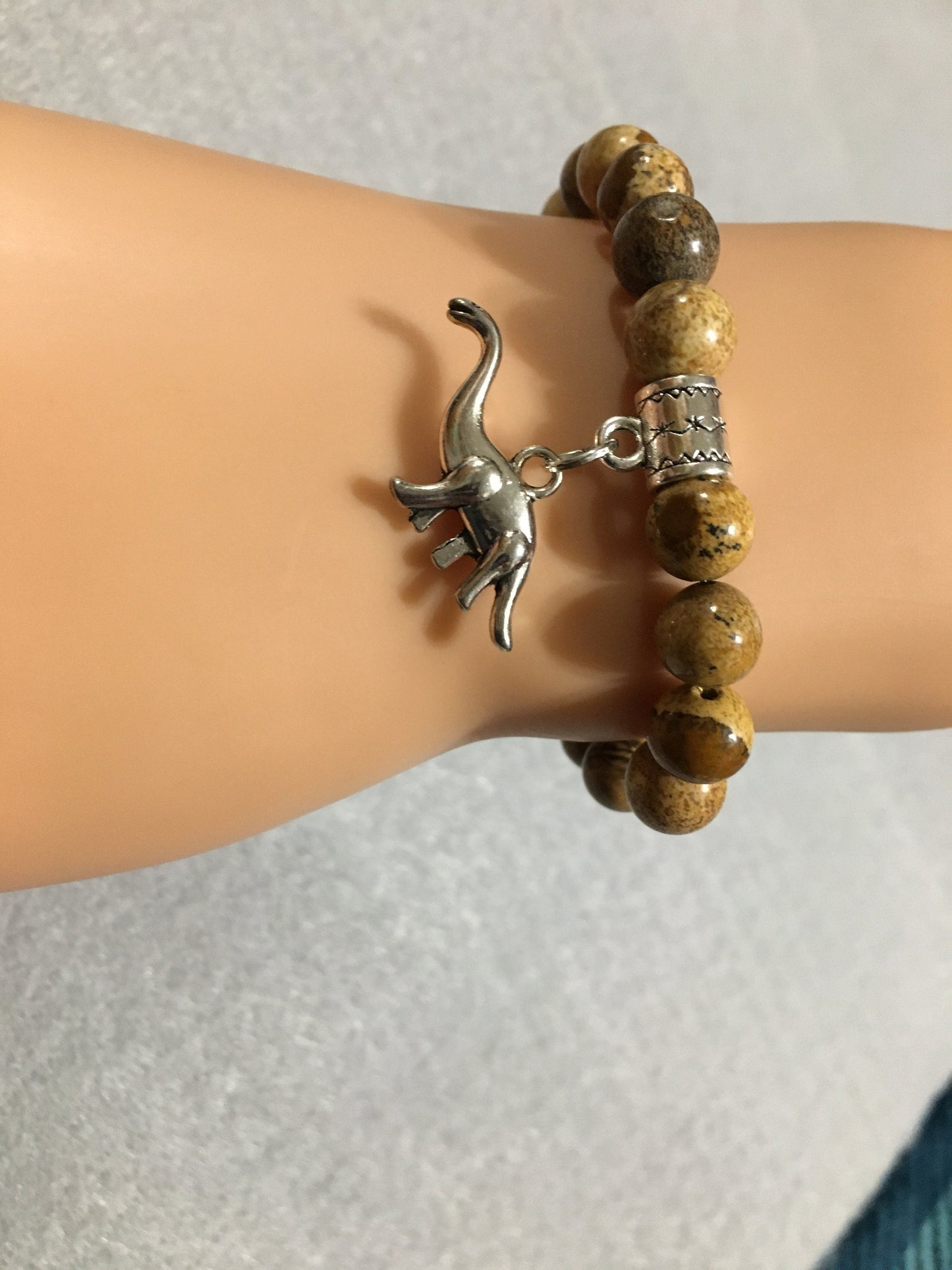 Picture Jasper Dinosaur Bracelet: Brontosaurus Charm, Jurassic Jewelry