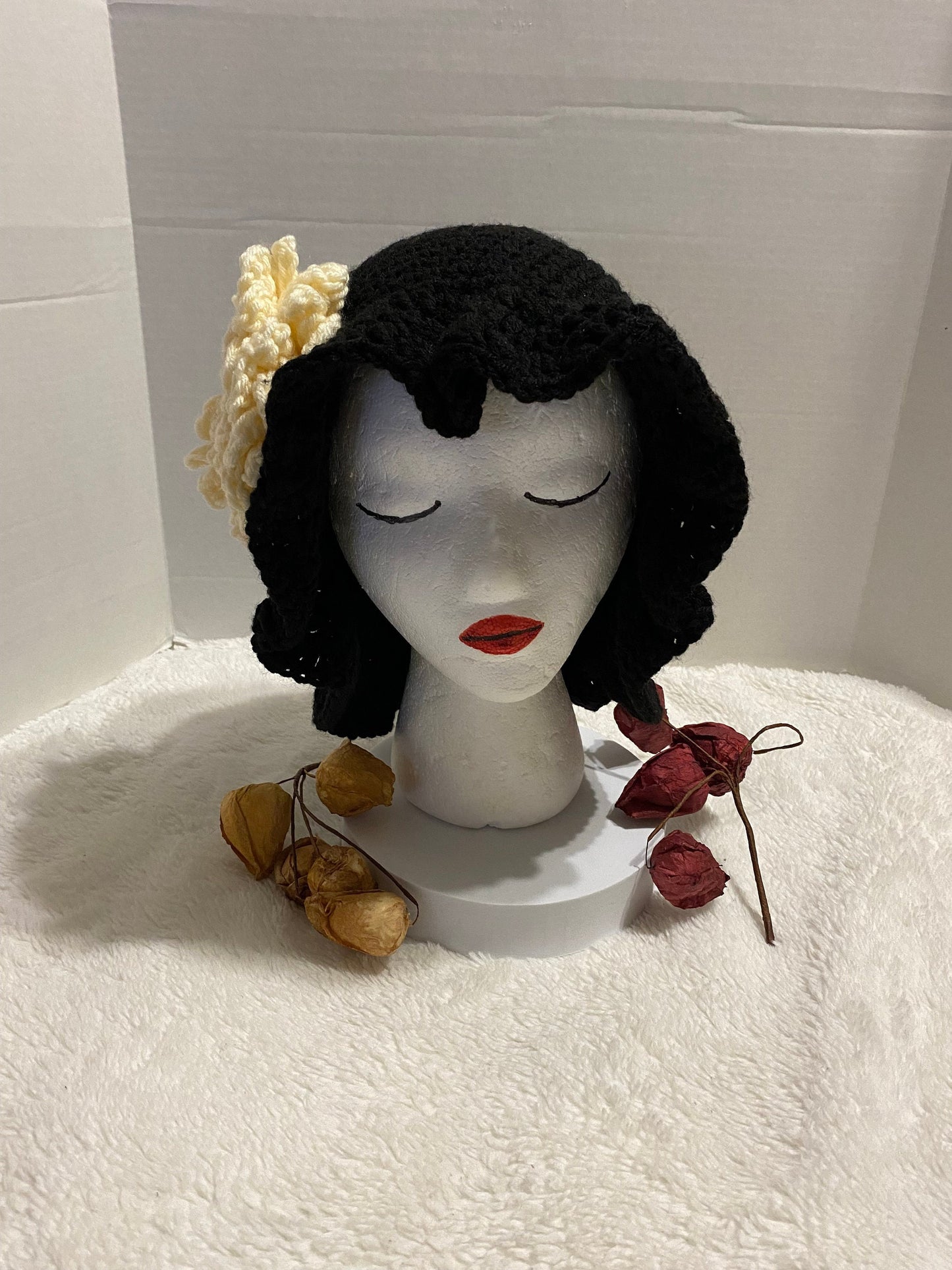 Black Crochet Bucket Hat with White Flower: Handmade Acrylic Hat