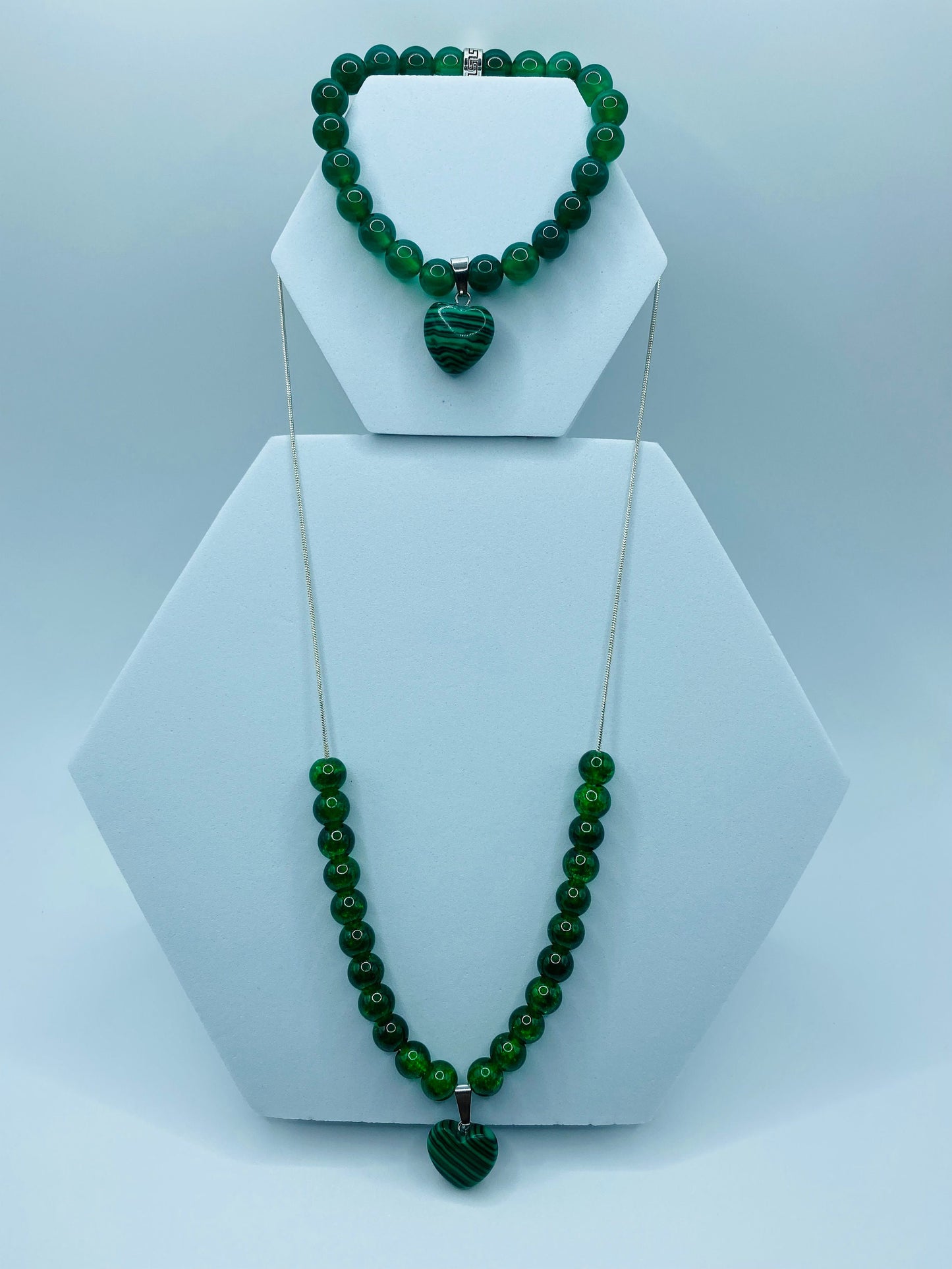 Handmade Lampwork Glass Bead Jewelry Set: Malachite Heart Necklace & Bracelet