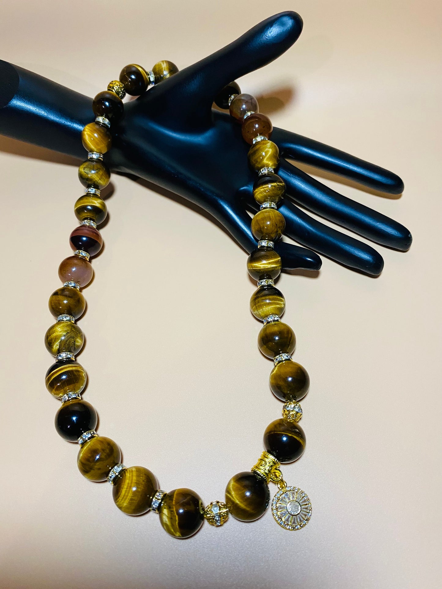 Tigers Eye Beaded Necklace with Gold Sunflower Charm