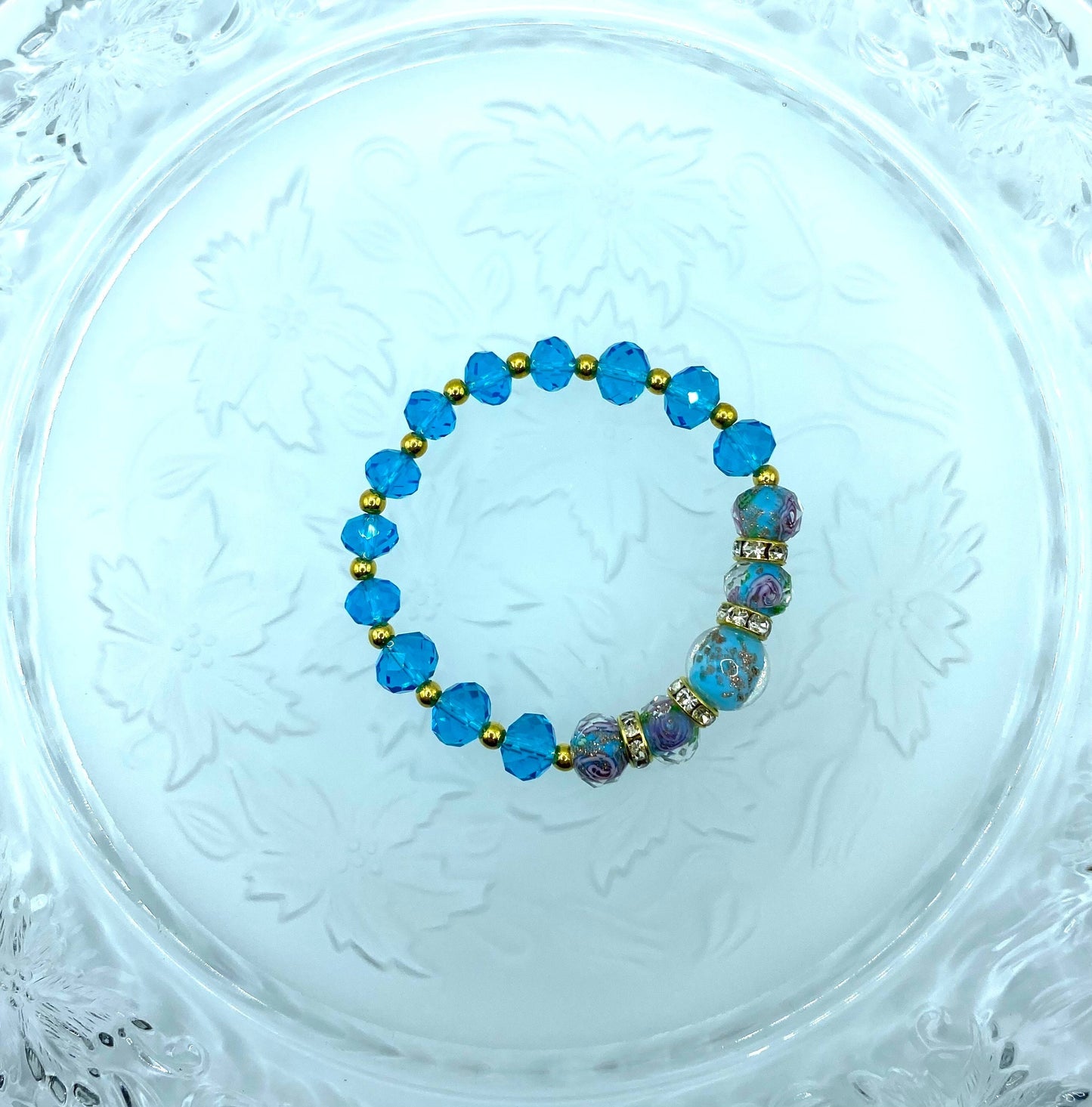 Lampwork Glass Bead Bracelet: Blue Topaz Crystal & 18K Gold Hematite