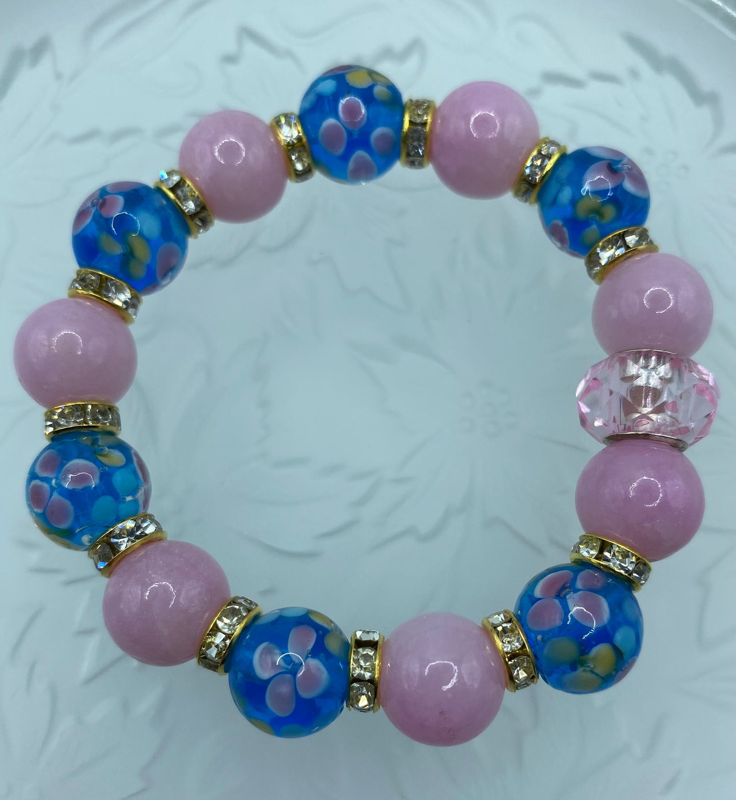 Lavender Jade Bracelet: Blue Floral Lampwork Glass & Crystal