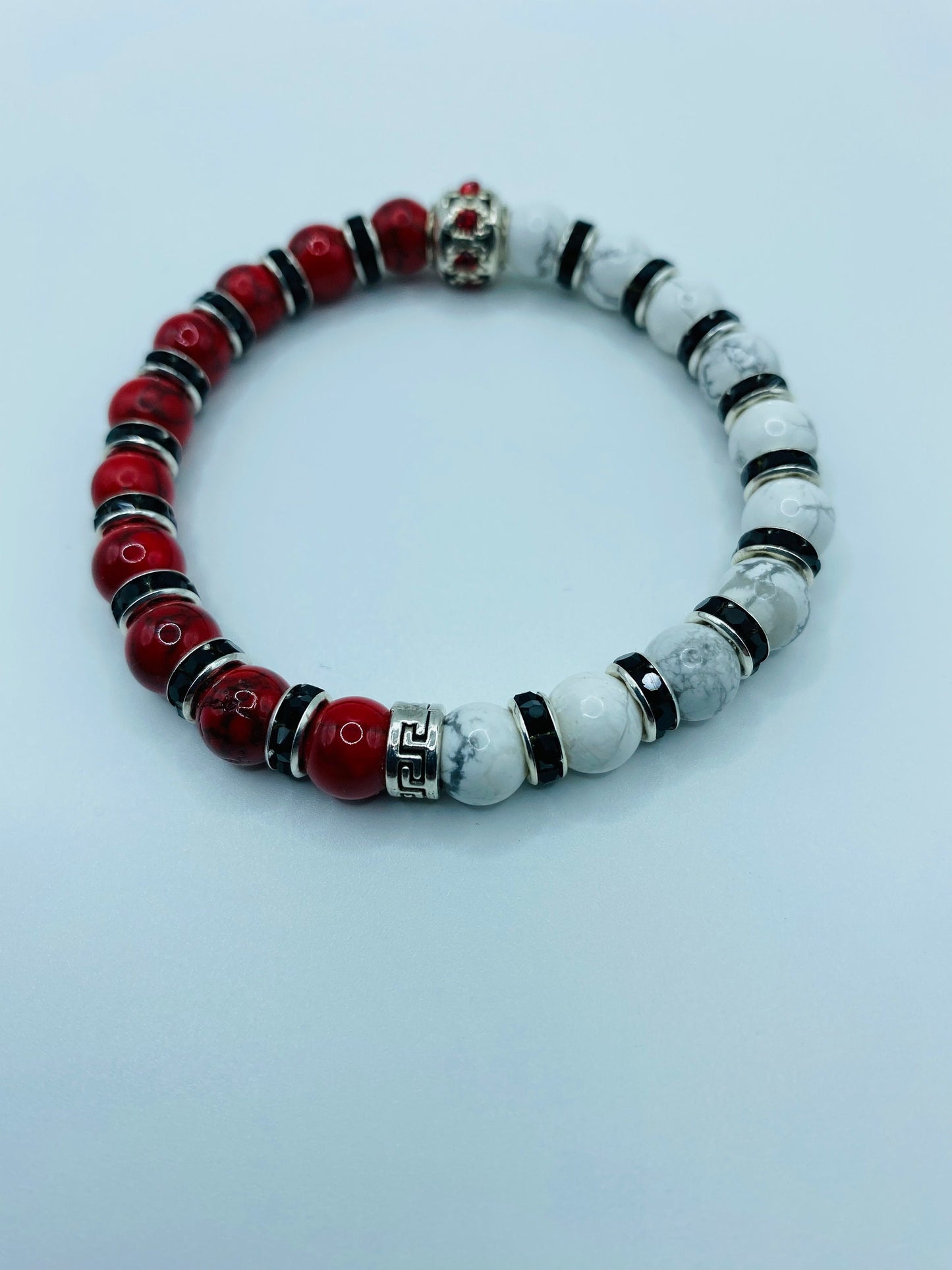 Red Turquoise & Howlite Beaded Bracelet: Silver Rhinestone Charm