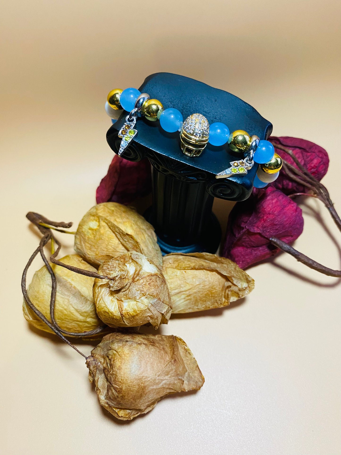 Los Angeles Chargers Mens Bracelet, Lightning Bolt Charms & Golden Football Helmet - Natural Gemstone Beads