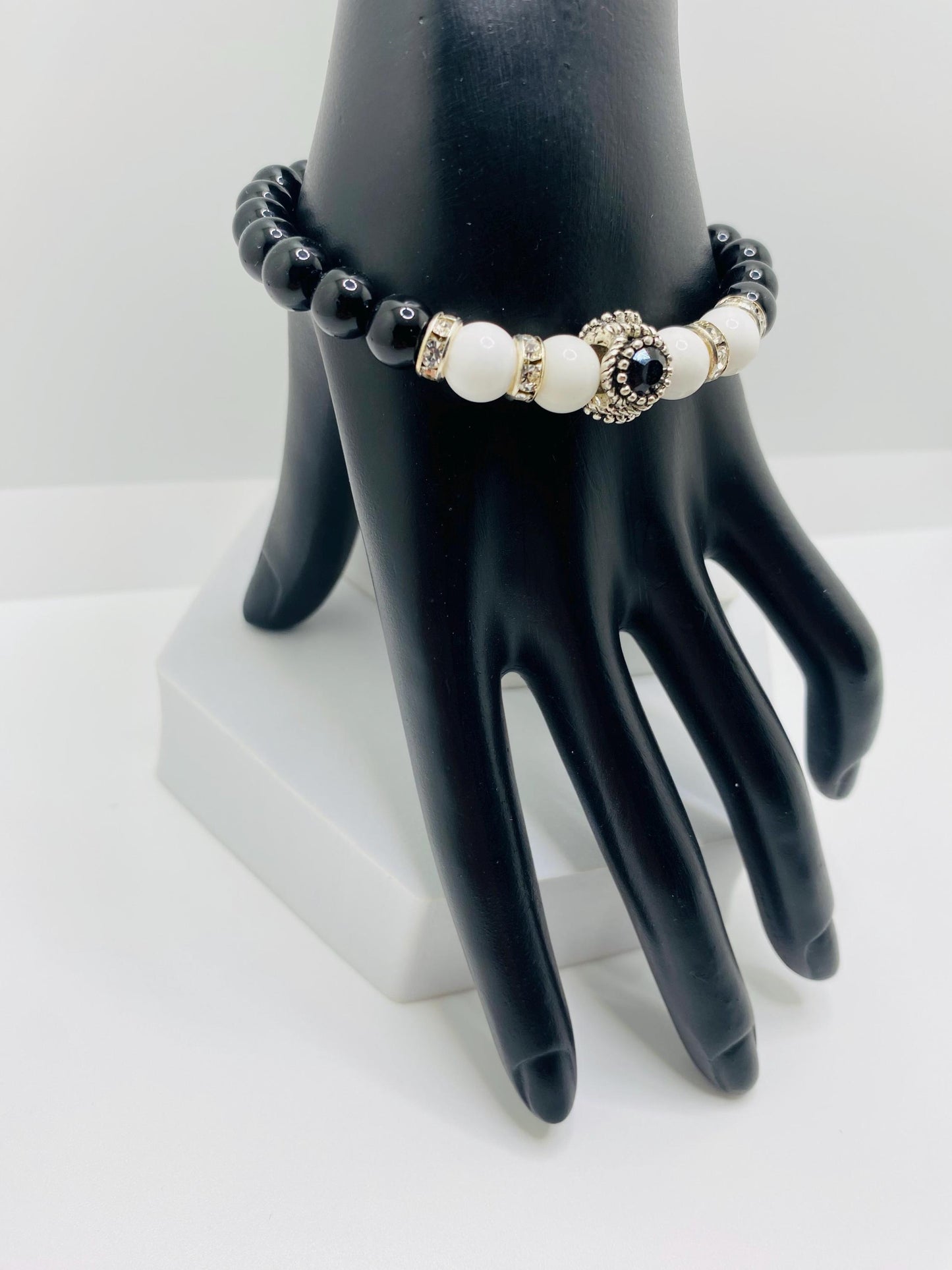 Black Onyx & White Agate Beaded Charm Bracelet - Rhinestone Accent