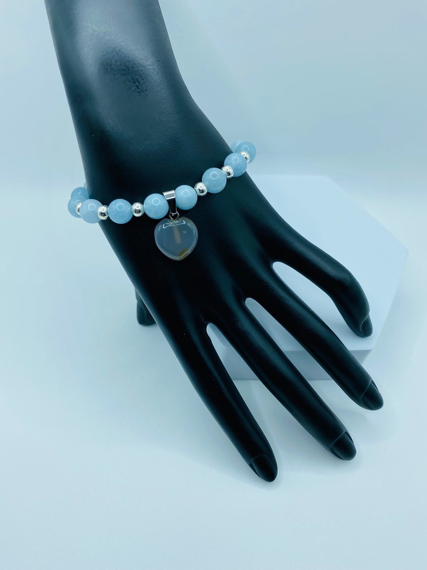 Aquamarine Bracelet with Smoky Quartz Heart: Handmade Gemstone Jewelry