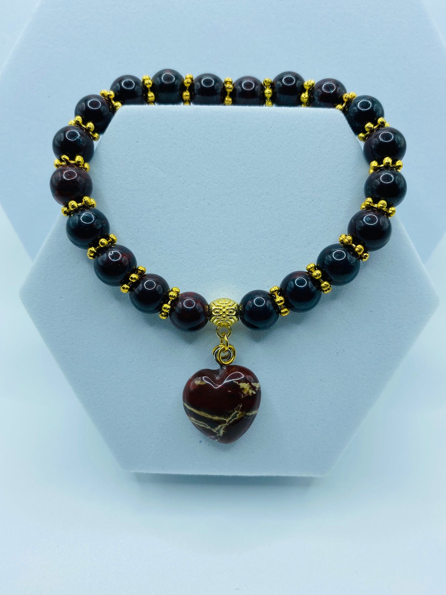 Poppy Jasper Heart Pendant Bracelet: Gold Accents, Gemstone Beads