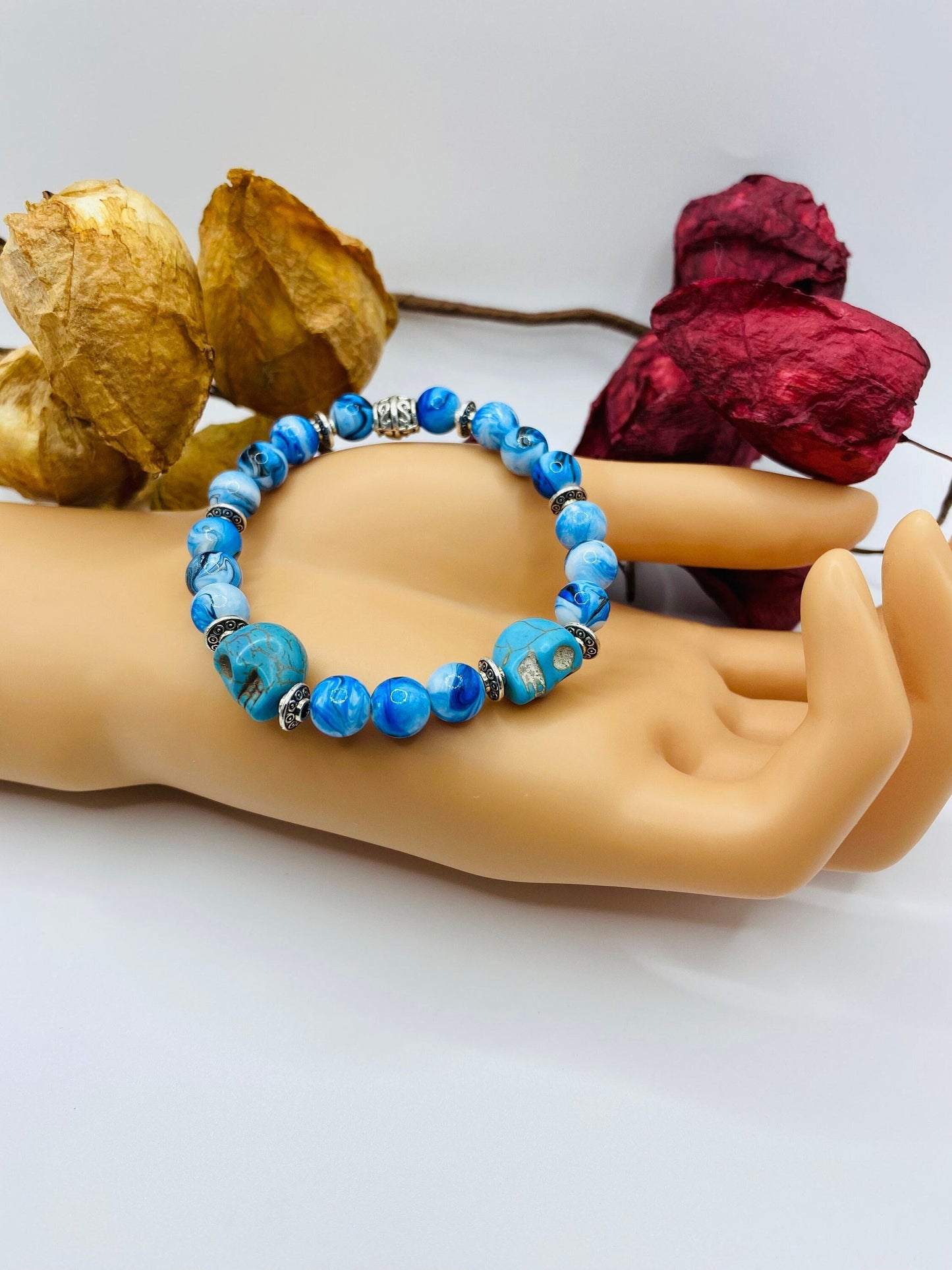 Dia de Los Muertos Bracelet: Turquoise Skull Beads, Halloween Jewelry
