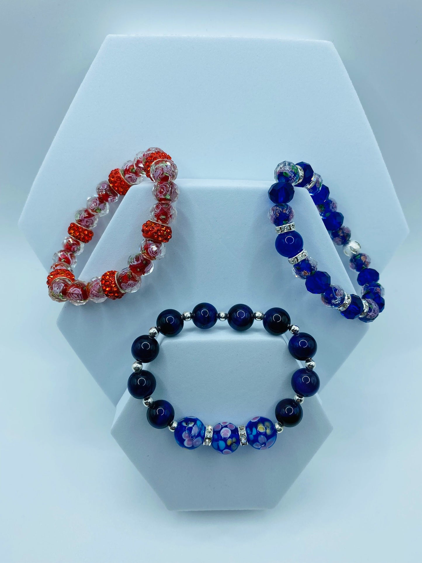 Blue Floral Lampwork Glass Bead Bracelet: Tigers Eye & Hematite