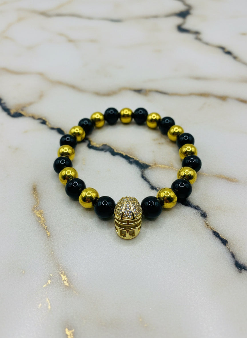 New Orleans Saints Bracelet: Onyx & Gold Hematite Football Helmet