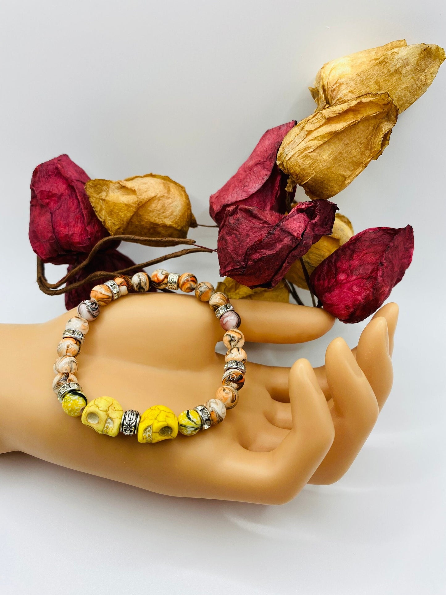 Dia de Los Muertos Skull Bracelet: Turquoise Skull Beads, Rhinestone Spacers