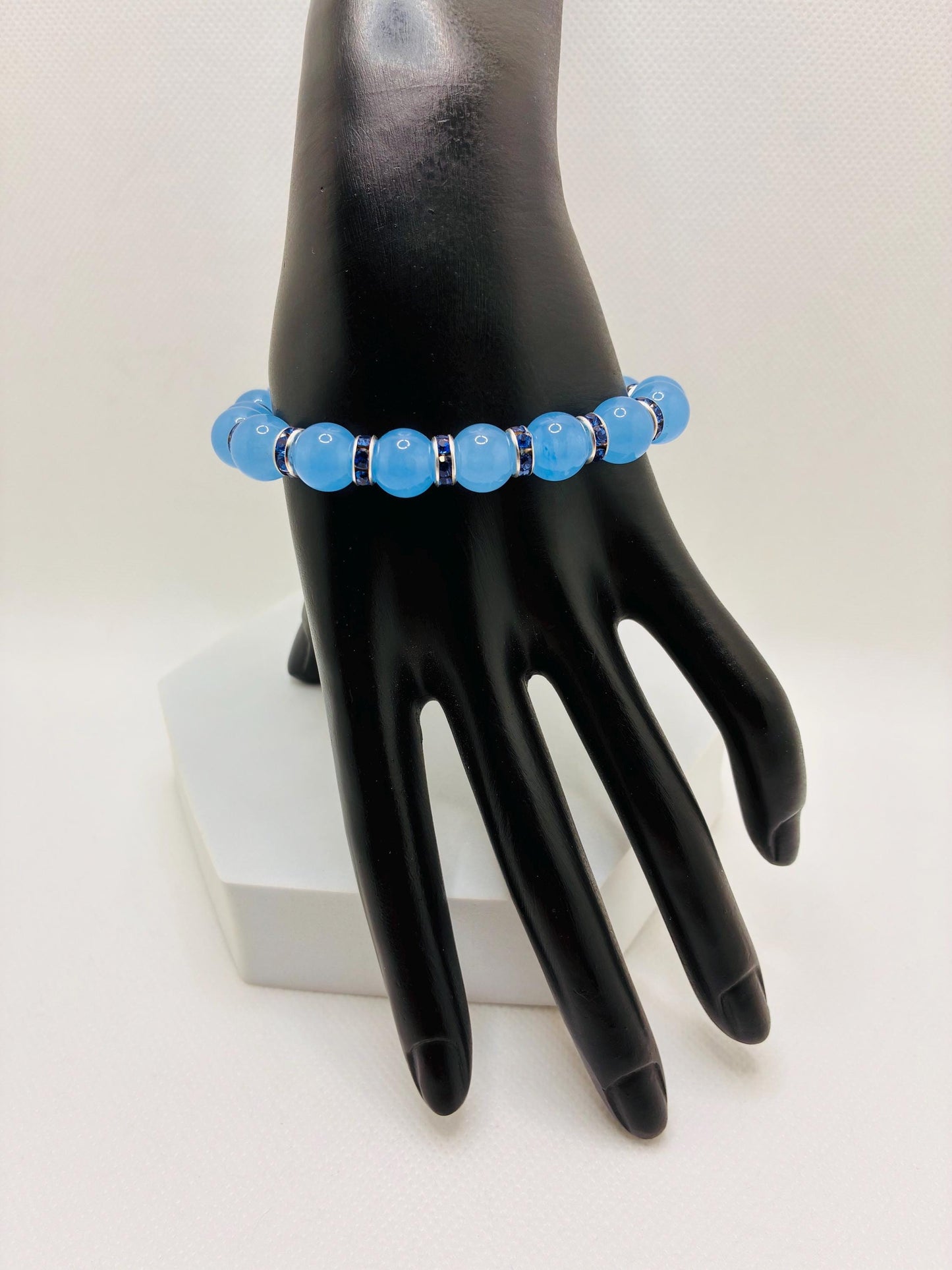 Aquamarine Blue Chalcedony Gemstone Bracelet with Blue Rhinestone Rondelles