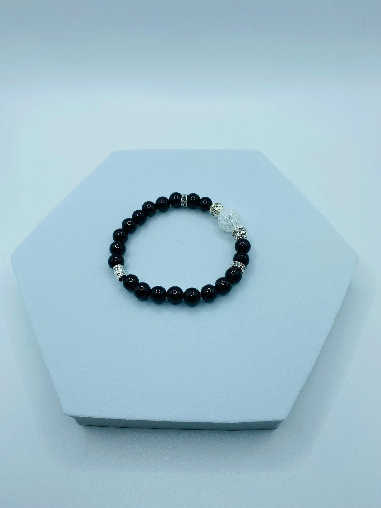 Handmade Black Onyx Bracelet: Crackle Quartz Crystal, Silver Accents